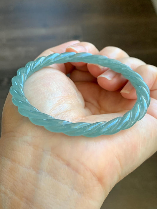 Certified Natural Grade A Guatemalan Icy Translucent Gelatinous Light Teal Jade Jadeite Carved Braid Bangle 57.2mm 7” 天然冰胶危浅晴蓝翡翠细麻花手镯 8793