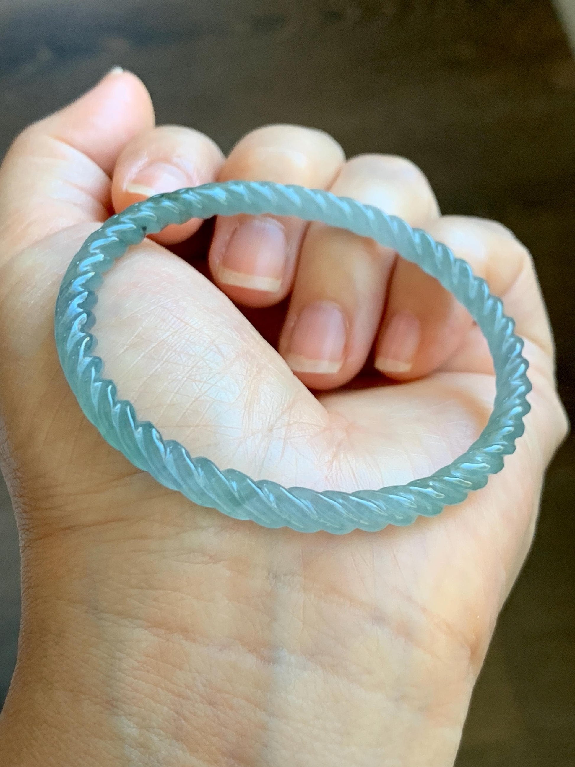 Certified Natural Grade A Guatemalan Icy Translucent Gelatinous Light Blue Jade Jadeite Carved Braid Bangle 55.5mm 6.86” 天然冰胶危浅蓝翡翠细麻花手镯 8759
