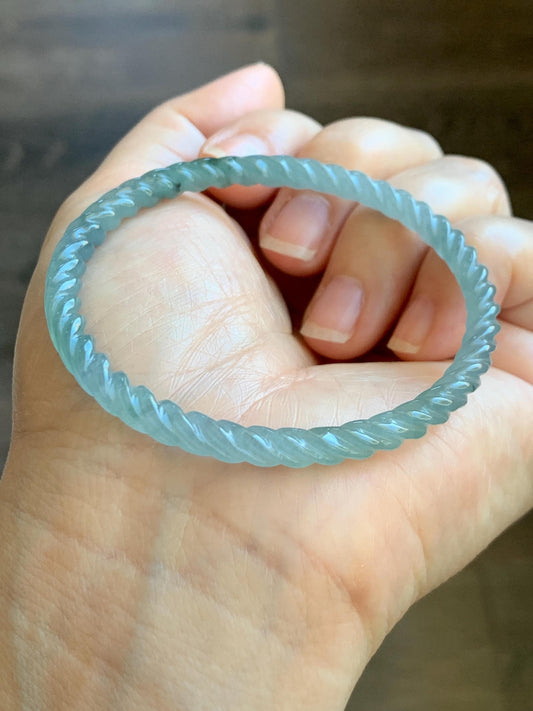 Certified Natural Grade A Guatemalan Icy Translucent Gelatinous Light Blue Jade Jadeite Carved Braid Bangle 55.5mm 6.86” 天然冰胶危浅蓝翡翠细麻花手镯 8759