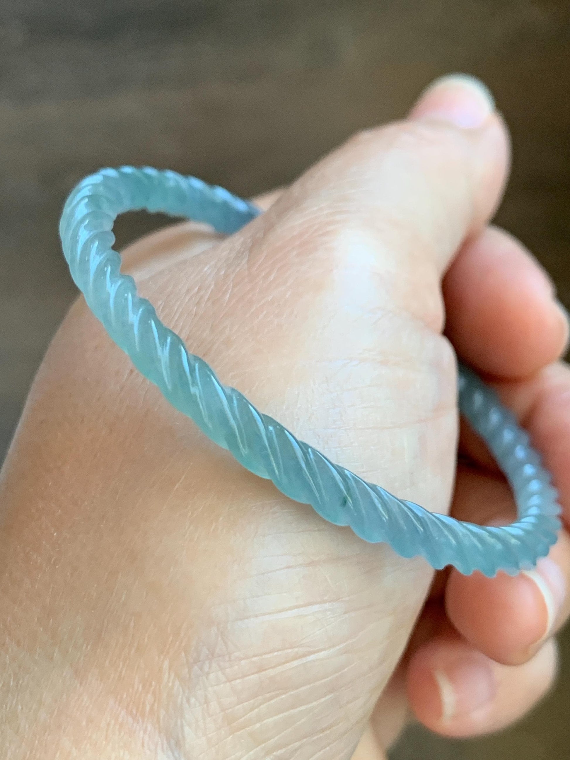 Certified Natural Grade A Guatemalan Icy Translucent Gelatinous Light Blue Jade Jadeite Carved Braid Bangle 55.5mm 6.86” 天然冰胶危浅蓝翡翠细麻花手镯 8759