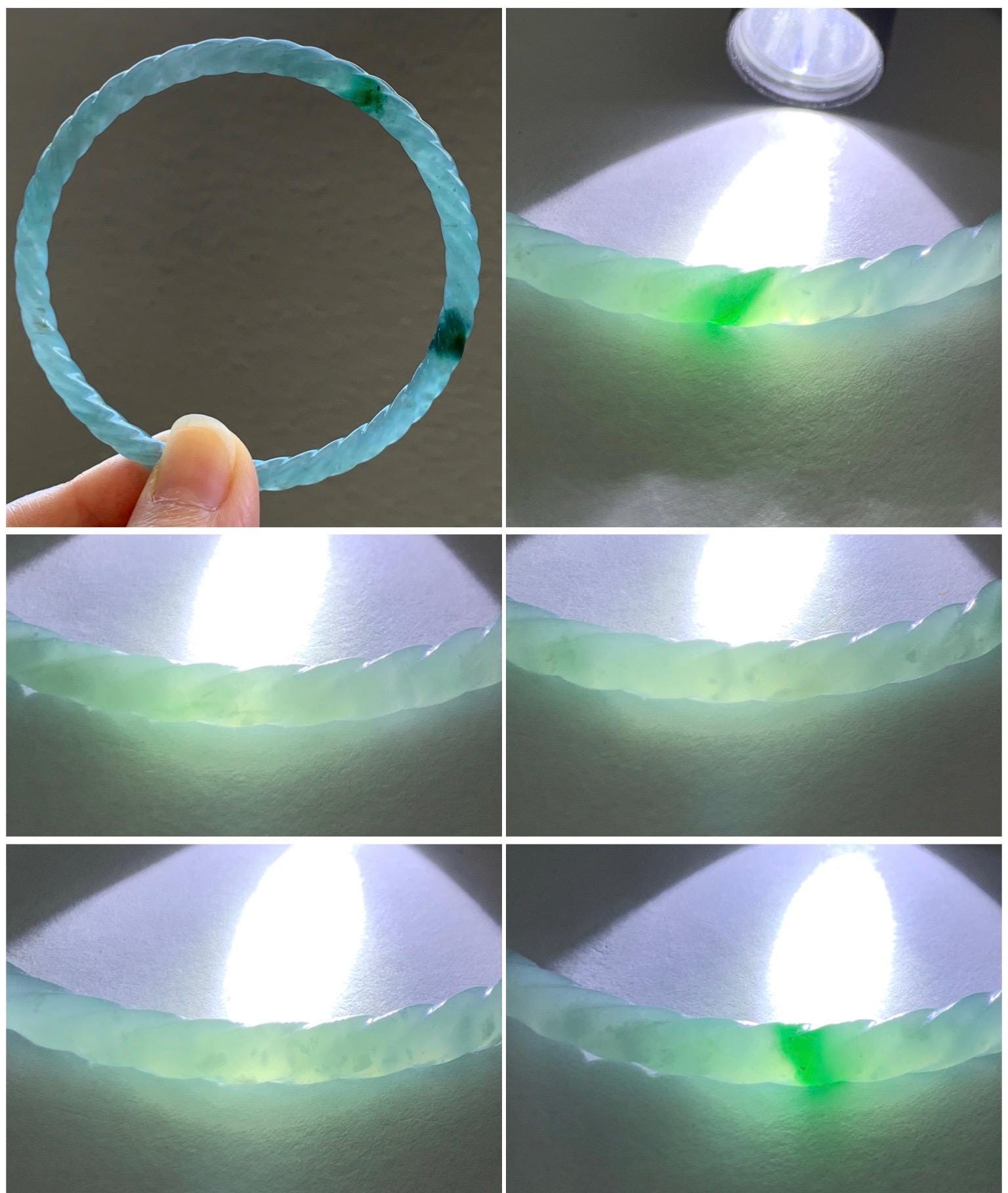 Certified Natural Grade A Guatemalan Icy Translucent Gelatinous Light Blue Jade Jadeite Carved Braid Bangle 61.1mm 7.56” 天然冰胶危浅蓝翡翠细麻花手镯 8756