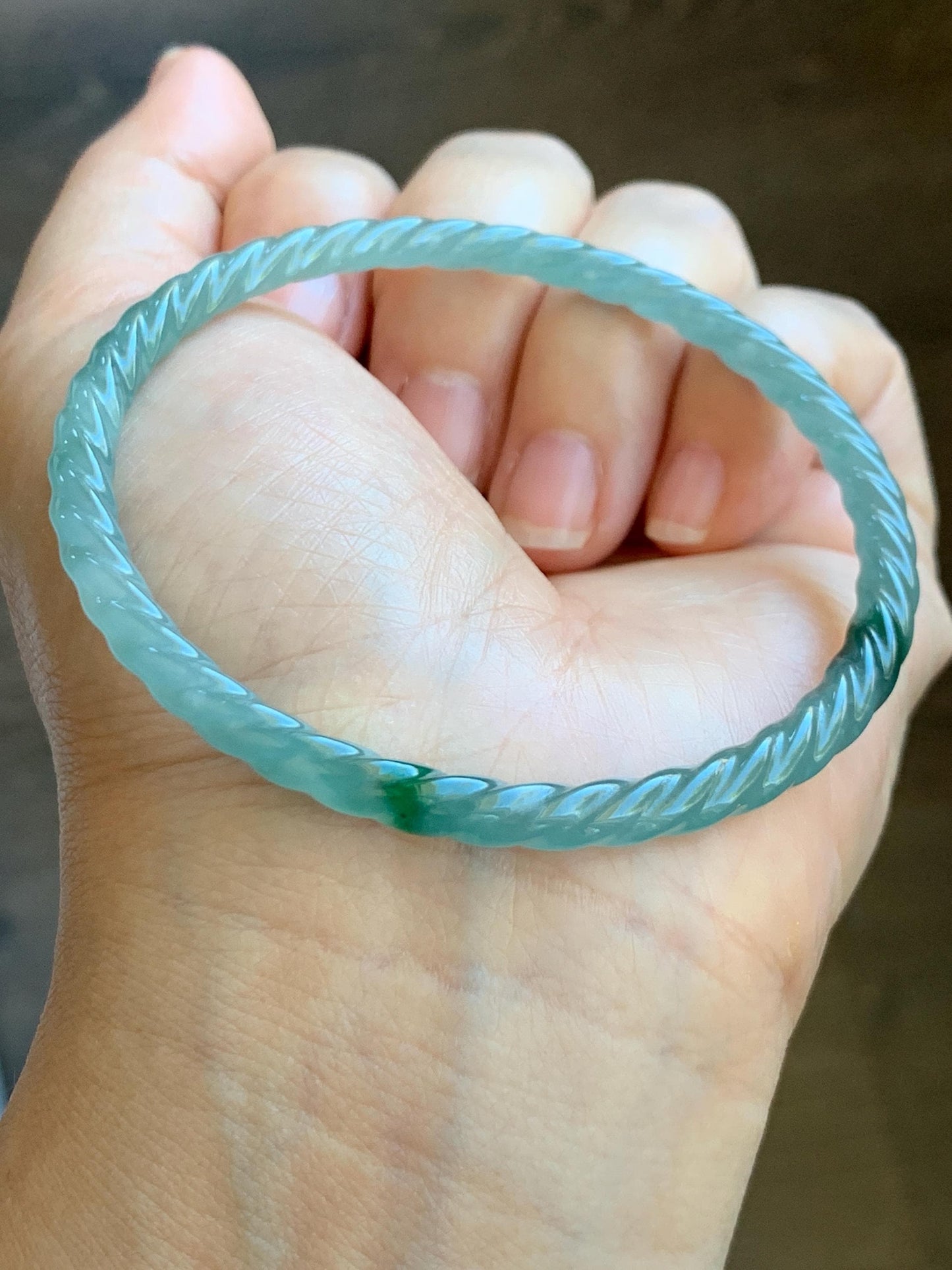 Certified Natural Grade A Guatemalan Icy Translucent Gelatinous Light Blue Jade Jadeite Carved Braid Bangle 61.1mm 7.56” 天然冰胶危浅蓝翡翠细麻花手镯 8756