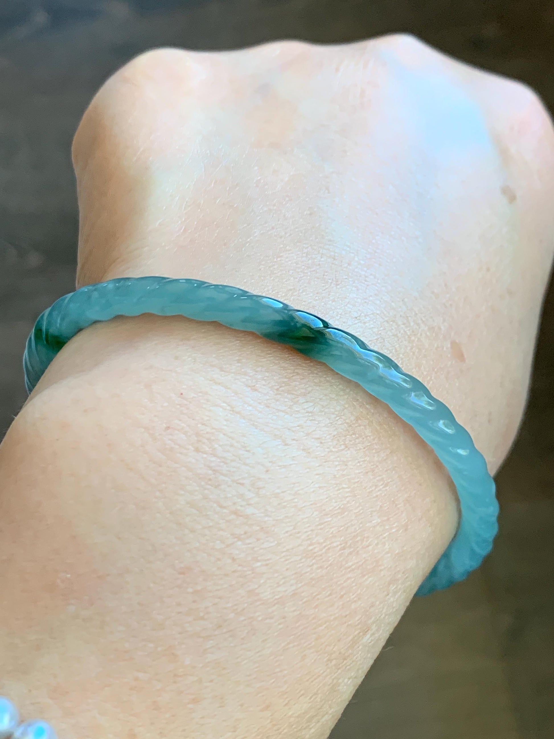 Certified Natural Grade A Guatemalan Icy Translucent Gelatinous Light Blue Jade Jadeite Carved Braid Bangle 61.1mm 7.56” 天然冰胶危浅蓝翡翠细麻花手镯 8756