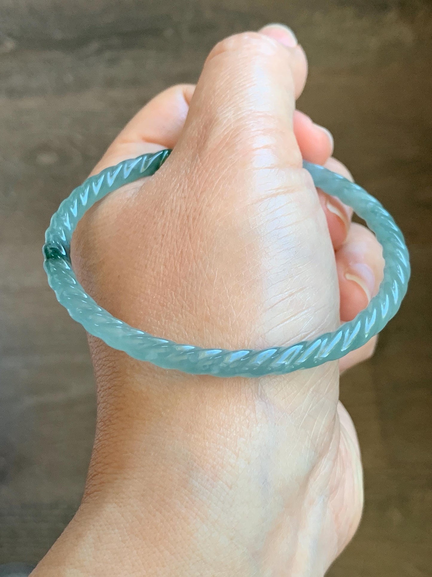 Certified Natural Grade A Guatemalan Icy Translucent Gelatinous Light Blue Jade Jadeite Carved Braid Bangle 61.1mm 7.56” 天然冰胶危浅蓝翡翠细麻花手镯 8756