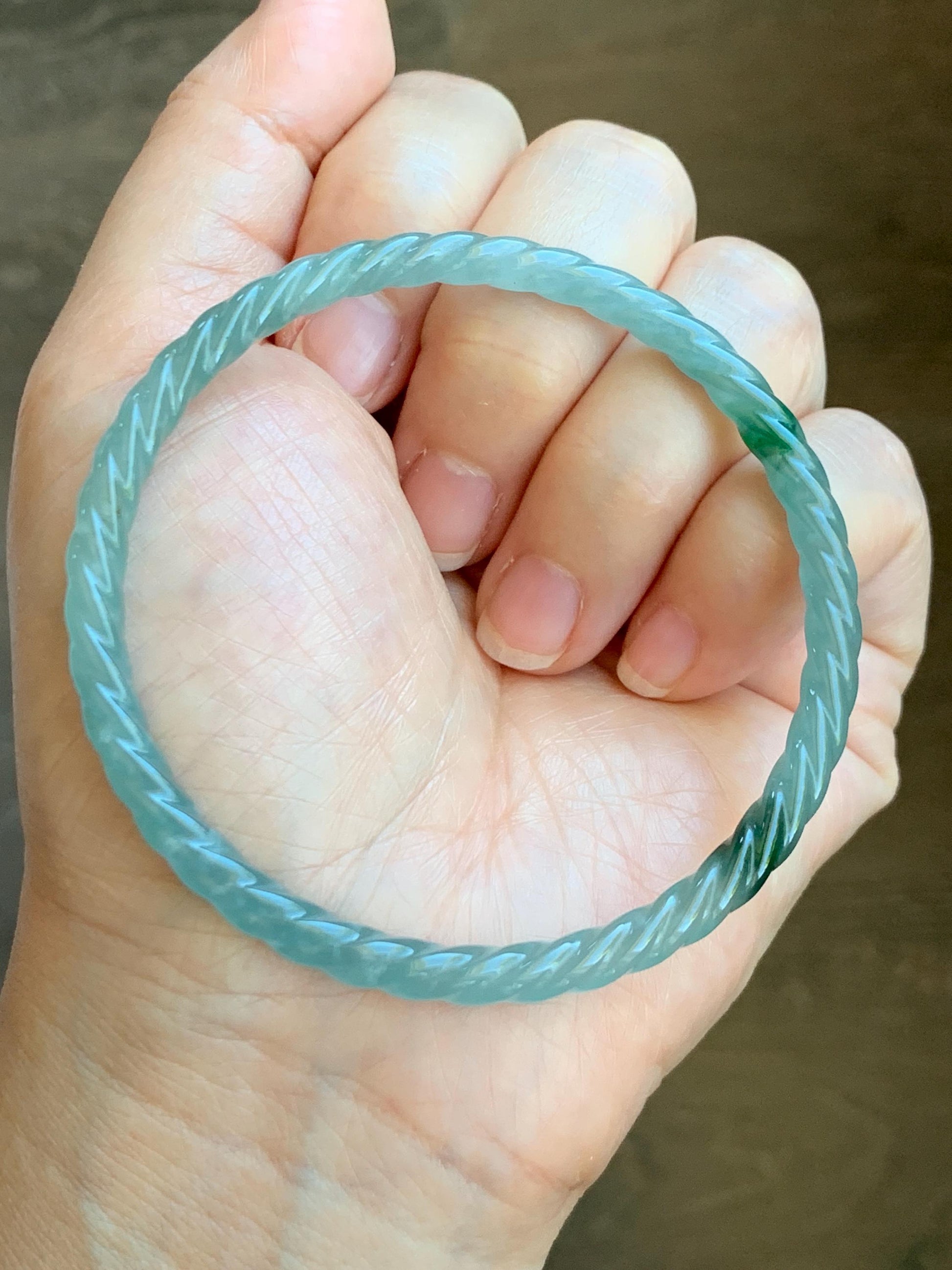 Certified Natural Grade A Guatemalan Icy Translucent Gelatinous Light Blue Jade Jadeite Carved Braid Bangle 61.1mm 7.56” 天然冰胶危浅蓝翡翠细麻花手镯 8756