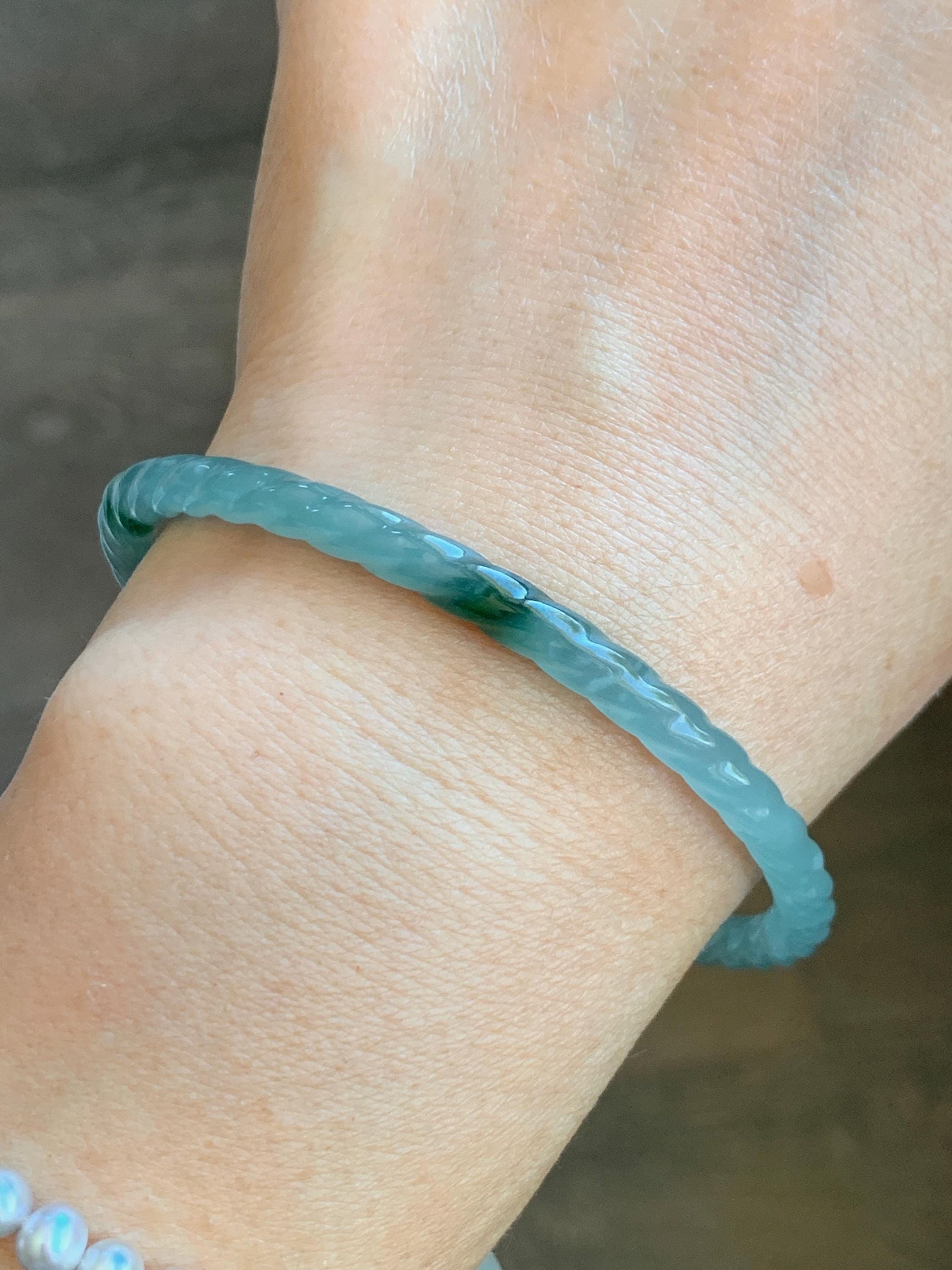 Certified Natural Grade A Guatemalan Icy Translucent Gelatinous Light Blue Jade Jadeite Carved Braid Bangle 61.1mm 7.56” 天然冰胶危浅蓝翡翠细麻花手镯 8756