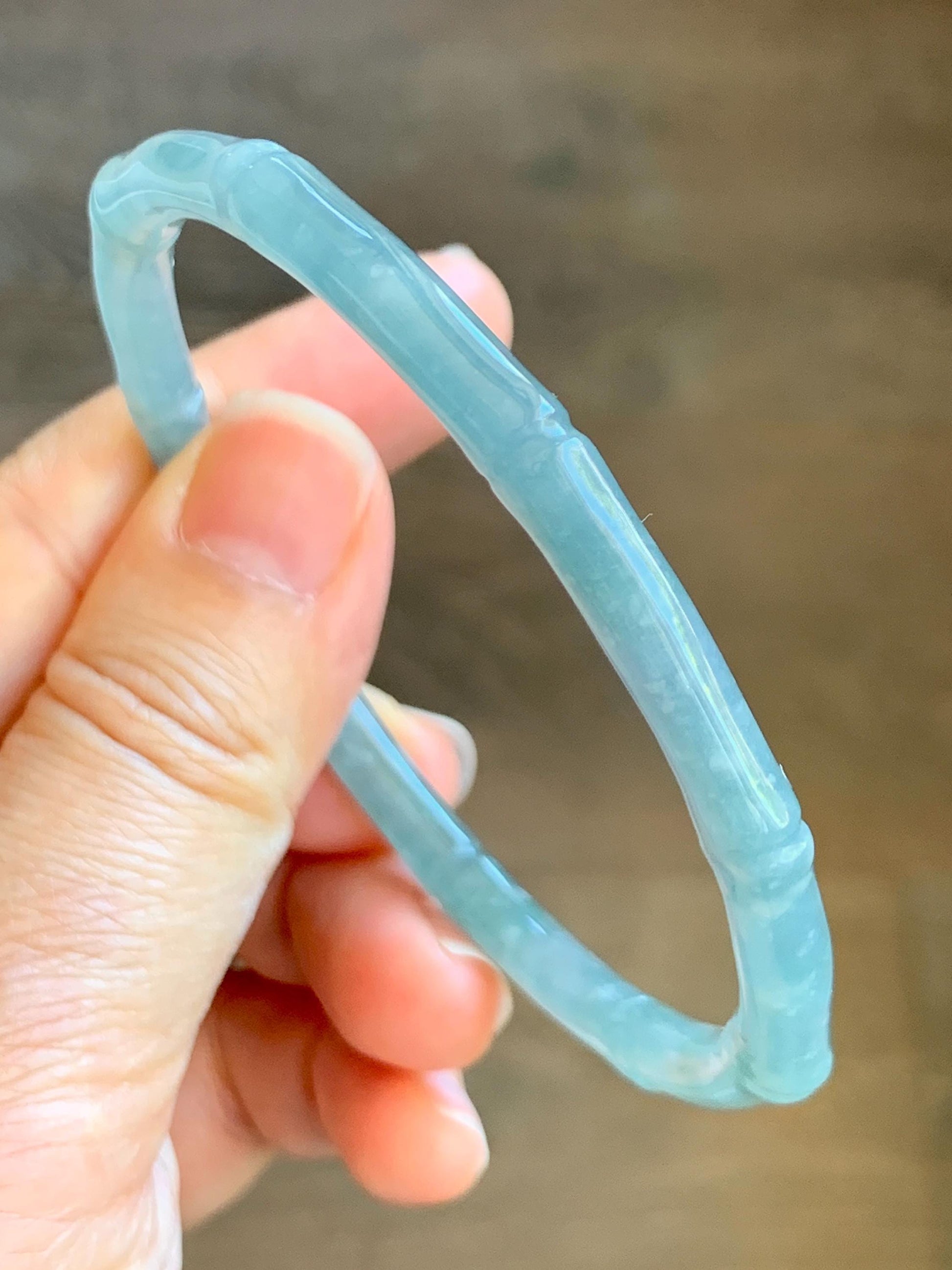 Certified Natural Guatemalan Icy Translucent Gelatinous Pastel Blue Jade Jadeite Carved Bamboo Bangle 62.7mm 7.75” 16.7g 天然冰危淡篮翡翠竹节细手镯 8804