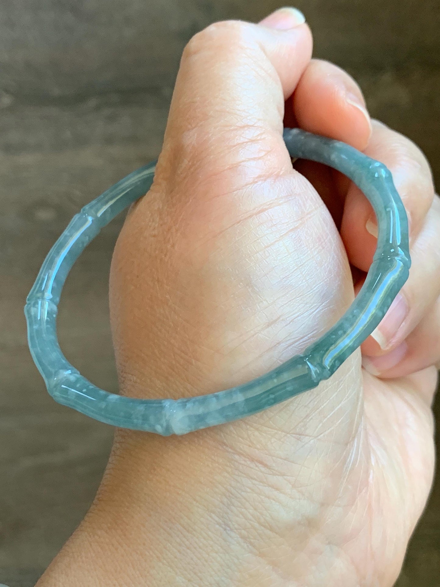 Certified Natural Guatemalan Icy Translucent Gelatinous Pastel Blue Jade Jadeite Carved Bamboo Bangle 62.7mm 7.75” 16.7g 天然冰危淡篮翡翠竹节细手镯 8804