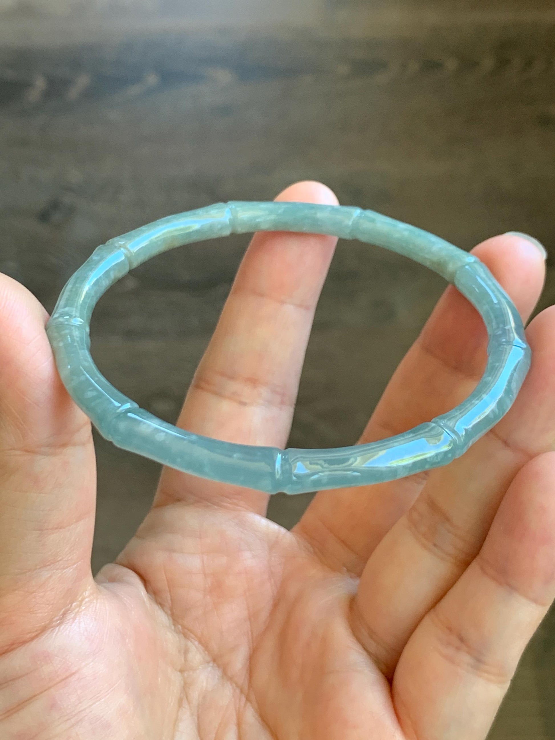 Certified Natural Grade A Guatemalan Icy Translucent Pastel Blue Jade Jadeite Carved Slim Bamboo Bangle 62.7mm 7.75” 17.9g 天然危浅篮翡翠竹节手镯 8797