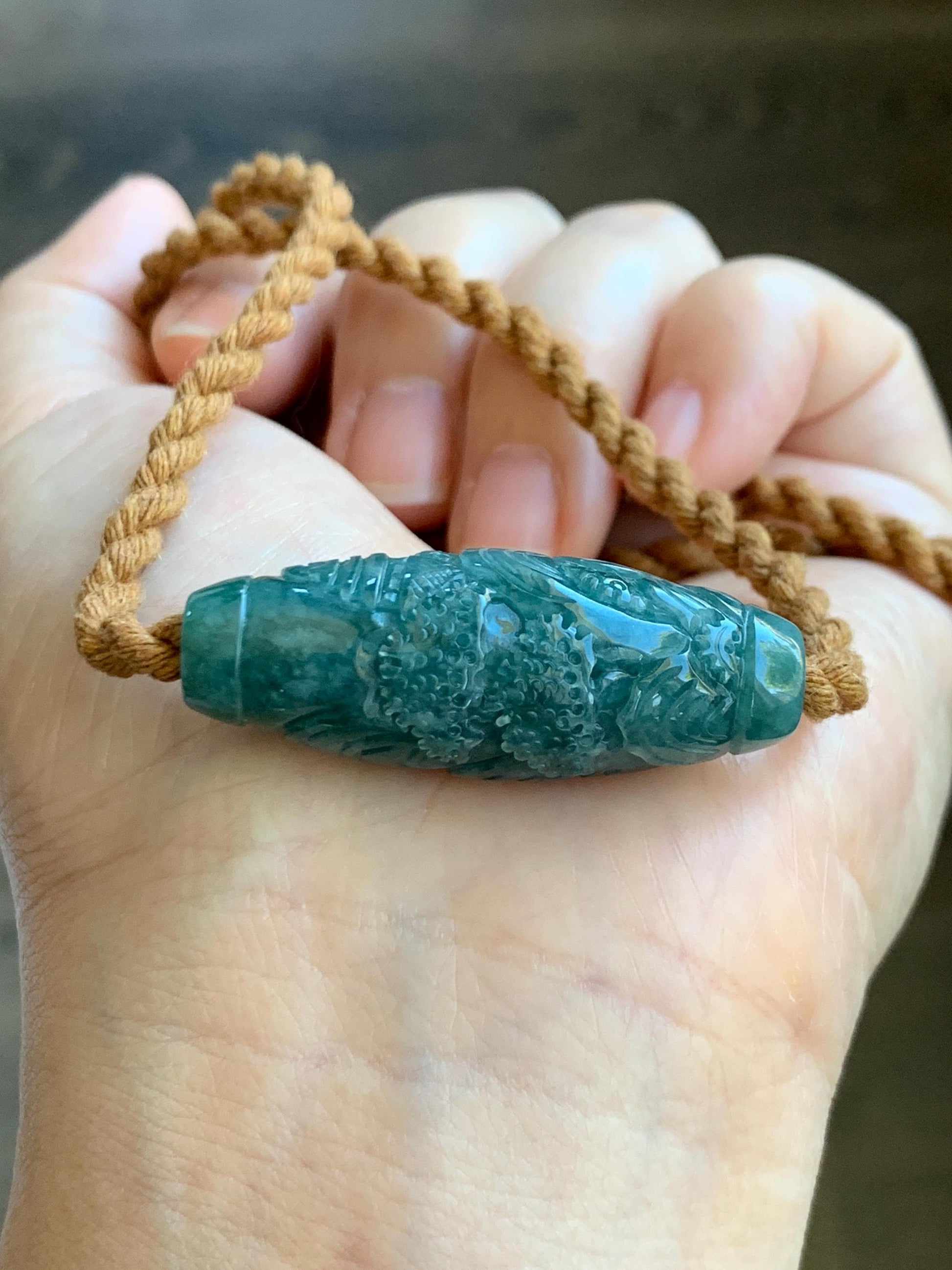 Natural Grade A Guatemalan Icy Translucent Dark Teal Jade Jadeite Engraved Shan Shui Barrel Bead Rope Necklace 19” 天然冰危蓝绿翡翠山水桶珠吊坠 SSHZ-A