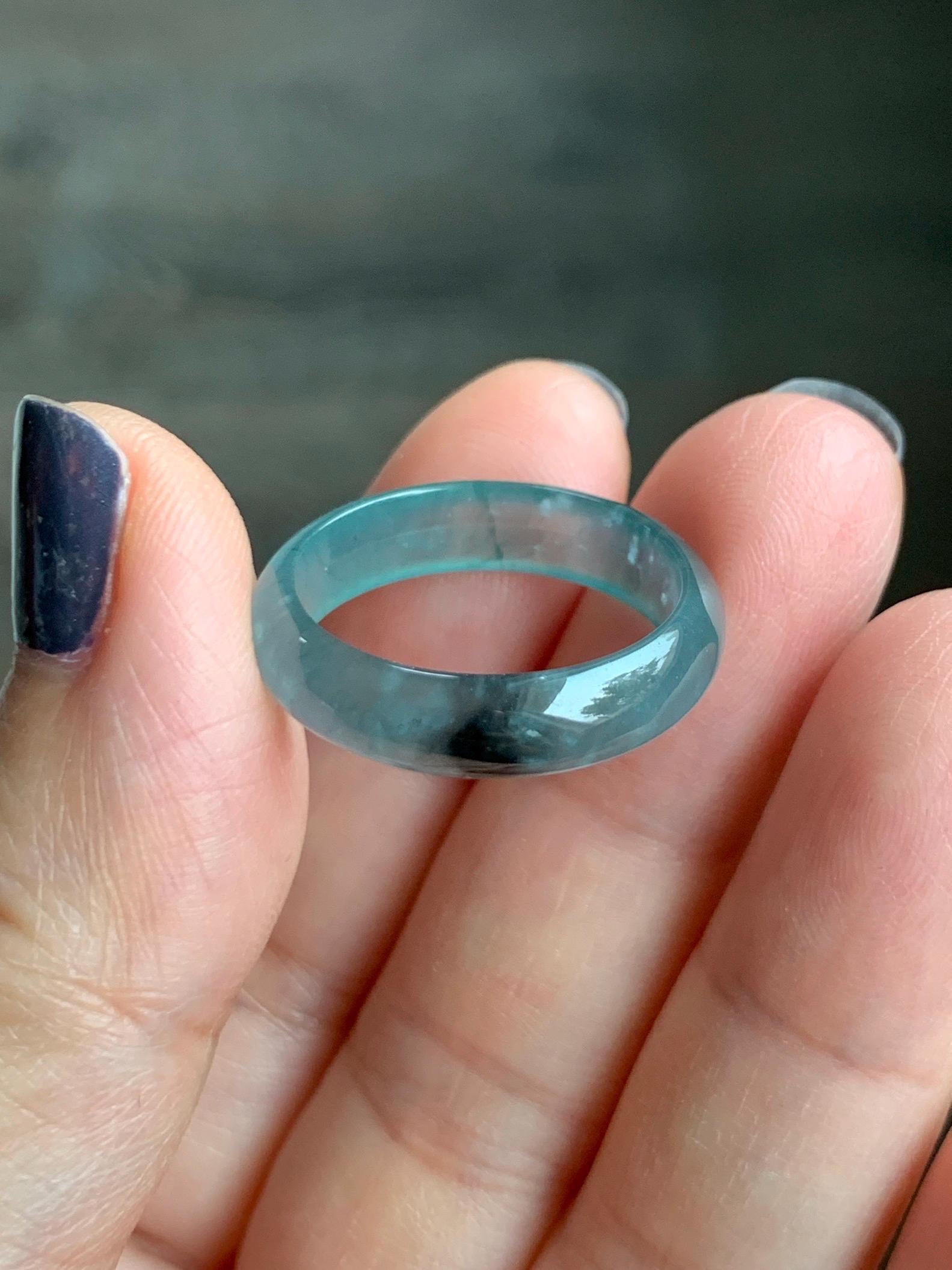 Natural Grade A Guatemalan Icy Highly Translucent Light Blue Wuji Jade Jadeite Band Ring Size 9 US 天然冰胶危淡蓝乌鸡翡翠戒圈 WWJ55B
