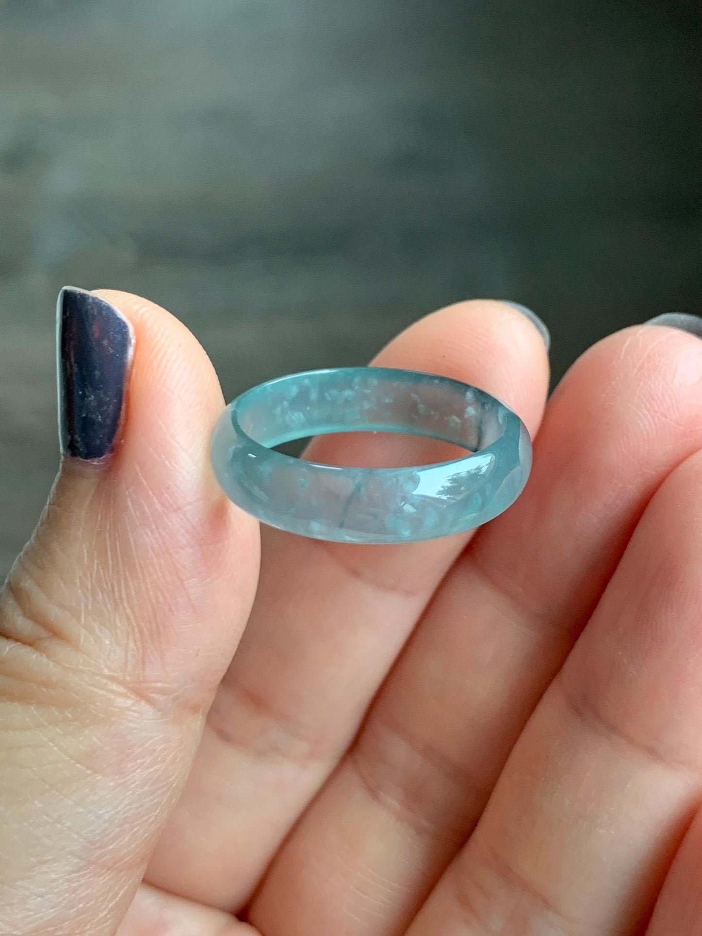 Natural Grade A Guatemalan Icy Highly Translucent Light Blue Wuji Jade Jadeite Band Ring Size 9 US 天然冰胶危淡蓝乌鸡翡翠戒圈 WWJ55A