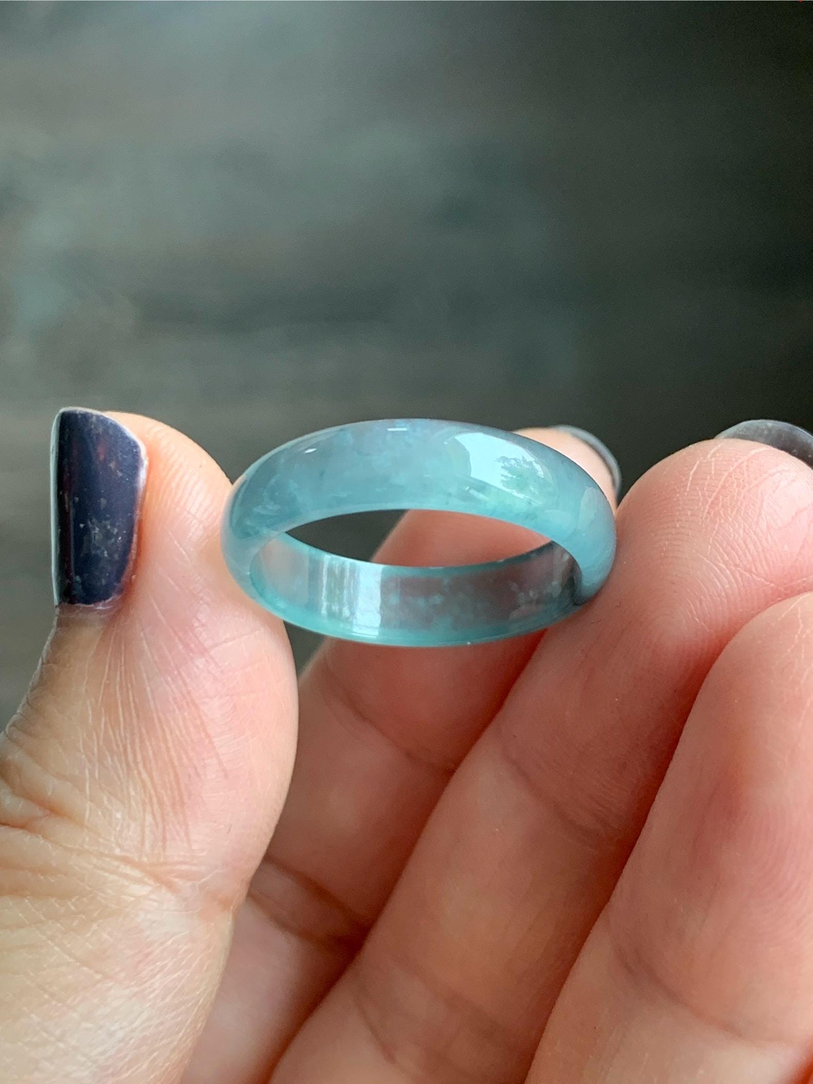Natural Grade A Guatemalan Icy Highly Translucent Light Blue Wuji Jade Jadeite Band Ring Size 9 US 天然冰胶危淡蓝乌鸡翡翠戒圈 WWJ55A