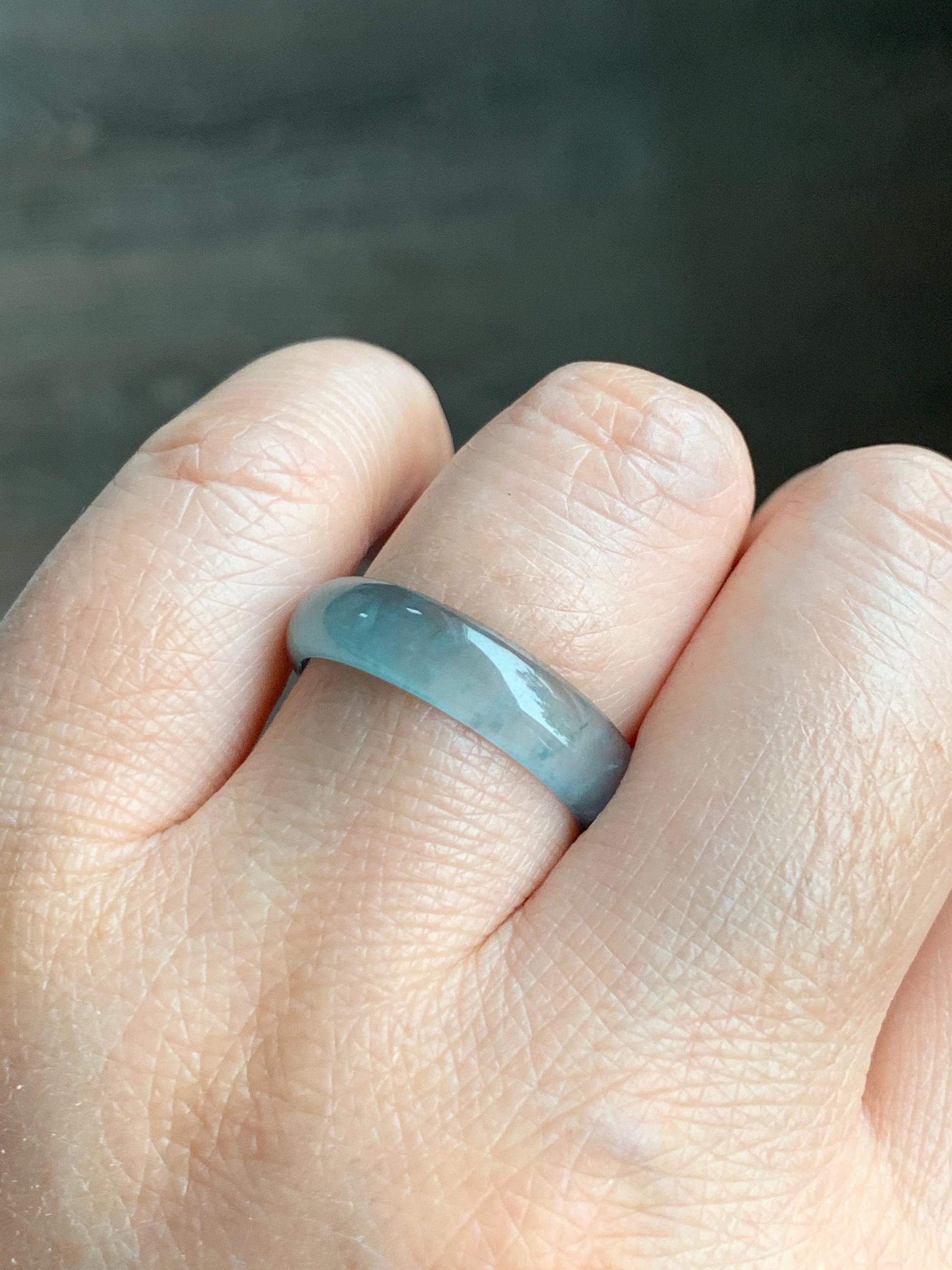 Natural Grade A Guatemalan Icy Highly Translucent Light Blue Wuji Jade Jadeite Band Ring Size 9 US 天然冰胶危淡蓝乌鸡翡翠戒圈 WWJ55A