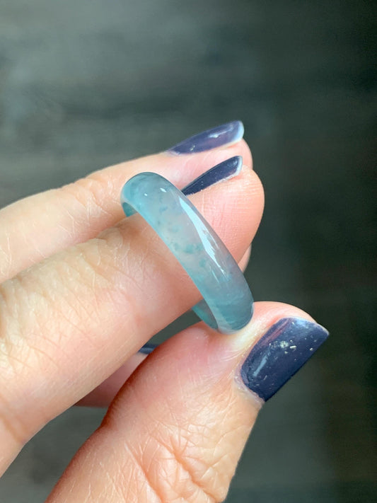 Natural Grade A Guatemalan Icy Highly Translucent Light Blue Wuji Jade Jadeite Band Ring Size 9 US 天然冰胶危淡蓝乌鸡翡翠戒圈 WWJ55A