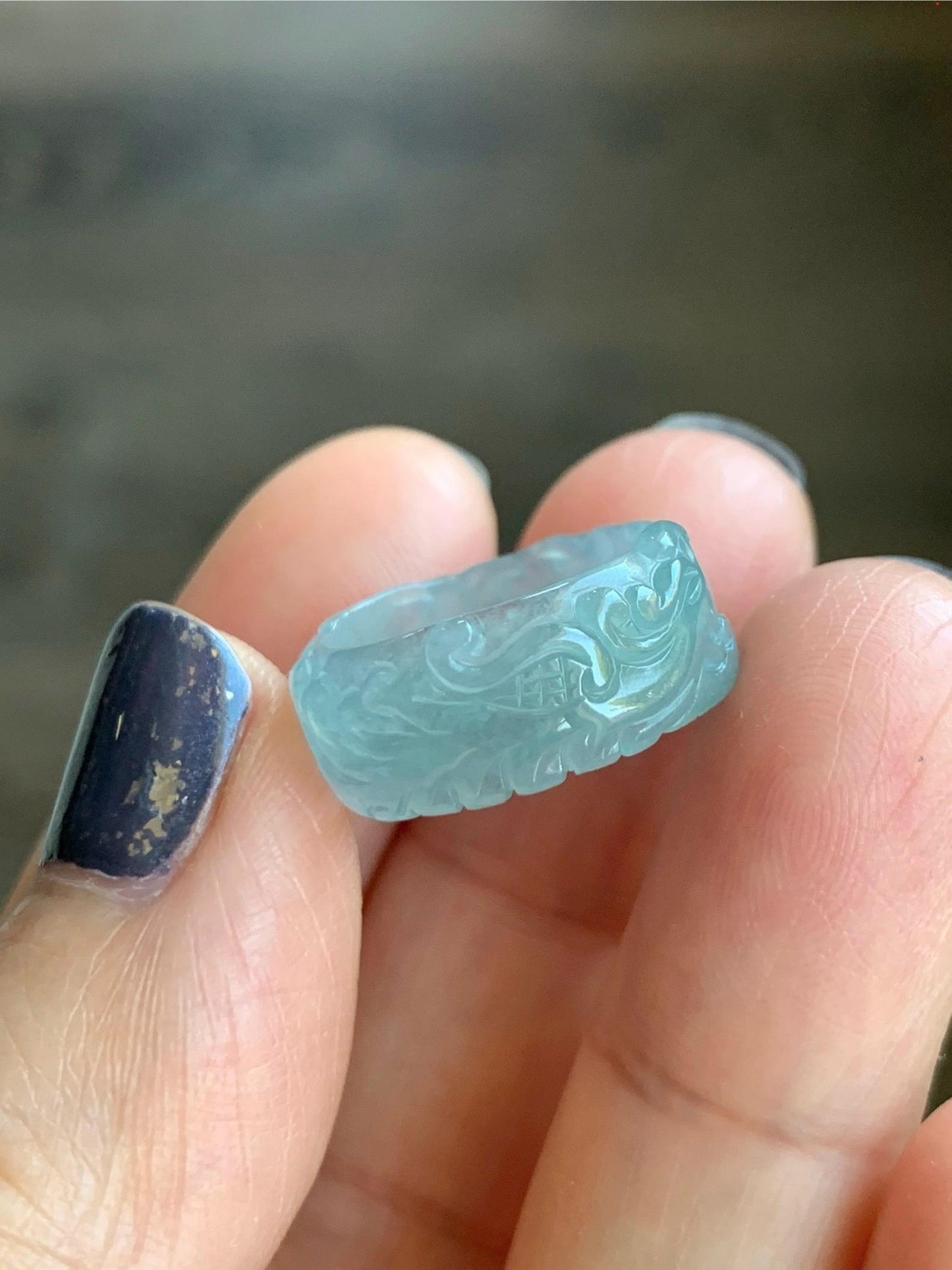 Natural Grade A Guatemalan Icy Highly Translucent Patel Blue Jade Jadeite Carved Phoenix Band Ring size 3.75 US 天然冰胶危淡蓝翡翠凤凰戒圈戒指跑环 QLFH-S