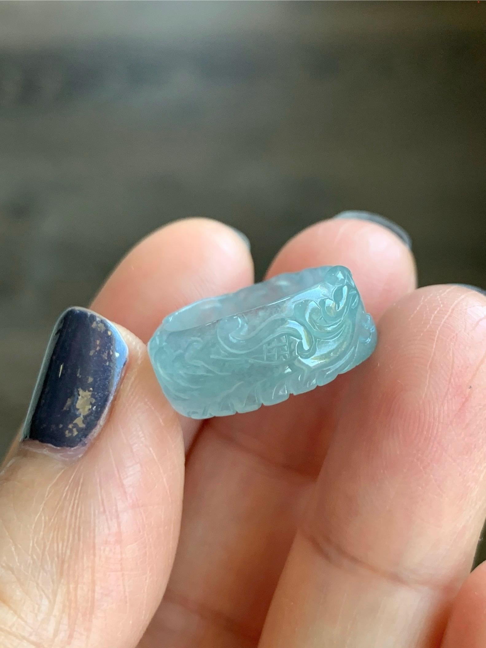 Natural Grade A Guatemalan Icy Highly Translucent Patel Blue Jade Jadeite Carved Phoenix Band Ring size 3.75 US 天然冰胶危淡蓝翡翠凤凰戒圈戒指跑环 QLFH-S