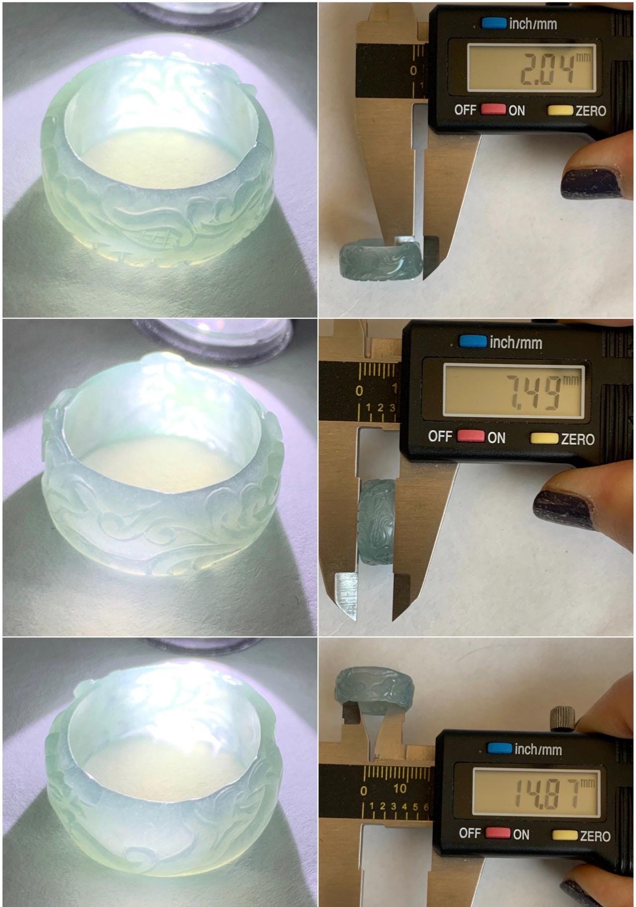 Natural Grade A Guatemalan Icy Highly Translucent Patel Blue Jade Jadeite Carved Phoenix Band Ring size 3.75 US 天然冰胶危淡蓝翡翠凤凰戒圈戒指跑环 QLFH-S