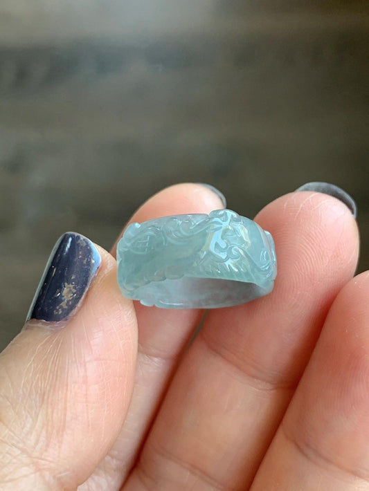Natural Grade A Guatemalan Icy Highly Translucent Patel Blue Jade Jadeite Carved Phoenix Band Ring size 3.75 US 天然冰胶危淡蓝翡翠凤凰戒圈戒指跑环 QLFH-S