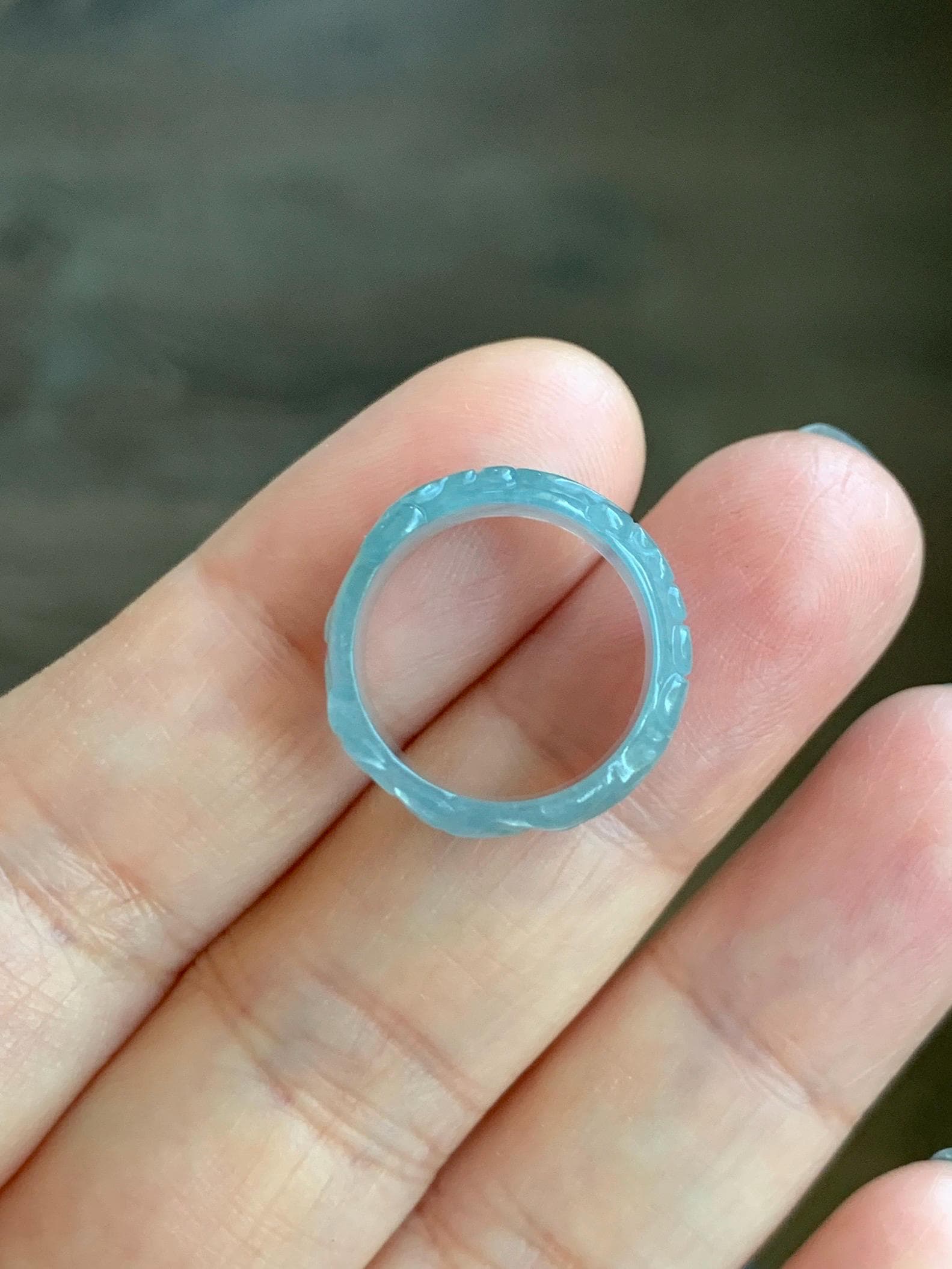 Natural Grade A Guatemalan Icy Highly Translucent Patel Blue Jade Jadeite Carved Phoenix Band Ring size 3.75 US 天然冰胶危淡蓝翡翠凤凰戒圈戒指跑环 QLFH-S