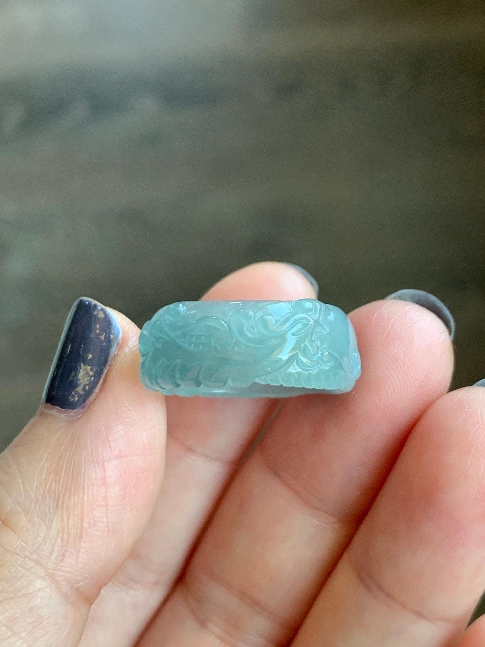 Natural Grade A Guatemalan Icy Highly Translucent Patel Blue Jade Jadeite Carved Phoenix Band Ring size 7.25 US 天然冰胶危淡蓝翡翠凤凰戒圈戒指 QLFH-L
