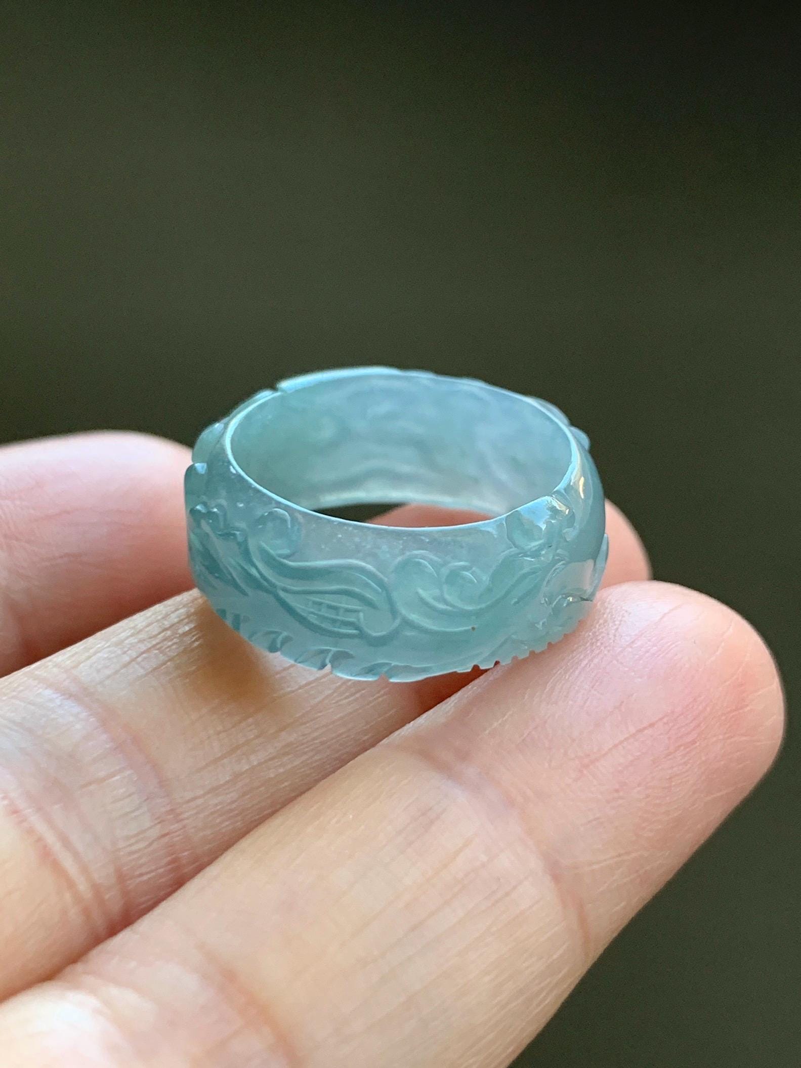 Natural Grade A Guatemalan Icy Highly Translucent Patel Blue Jade Jadeite Carved Phoenix Band Ring size 7.25 US 天然冰胶危淡蓝翡翠凤凰戒圈戒指 QLFH-L