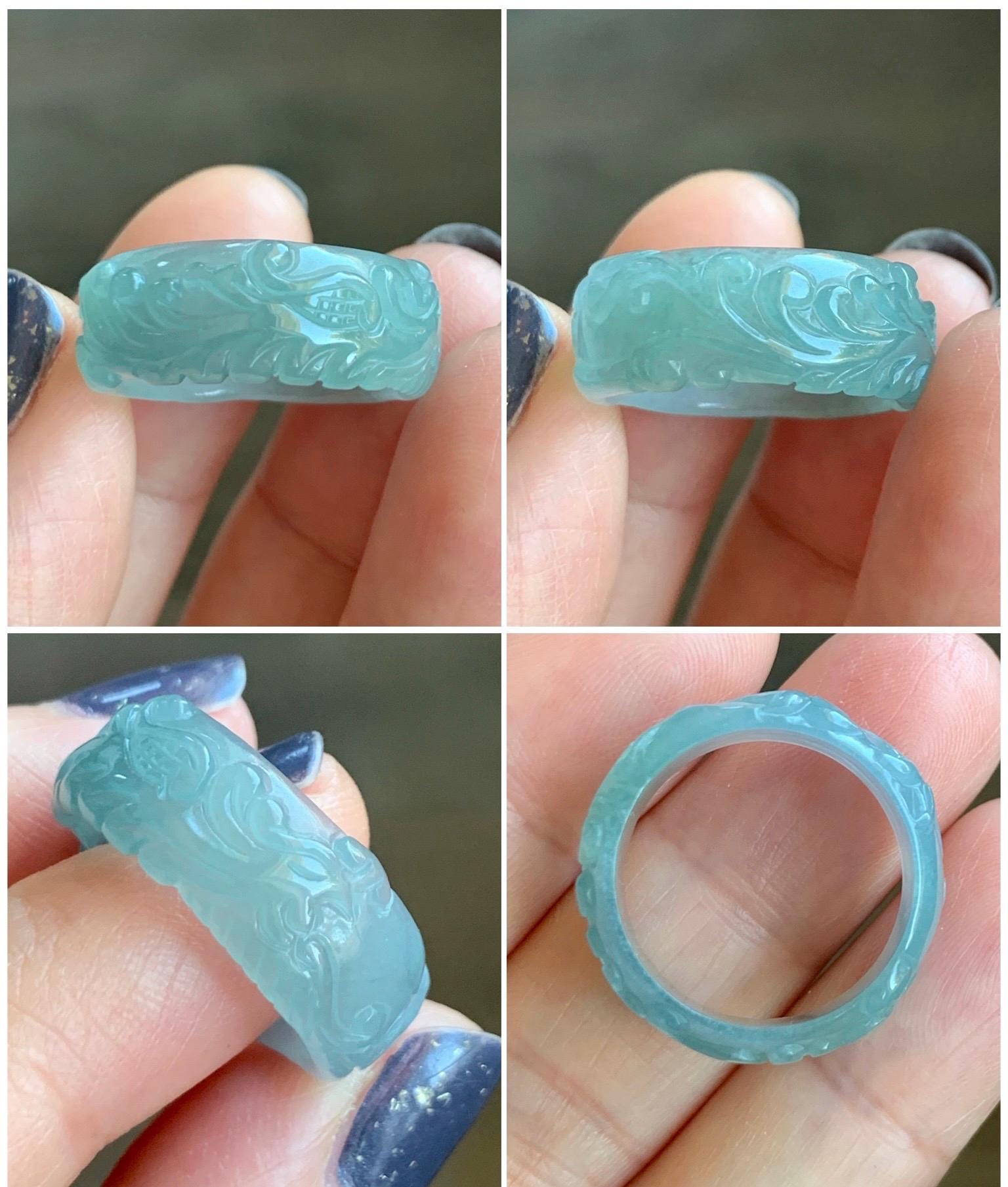 Natural Grade A Guatemalan Icy Highly Translucent Patel Blue Jade Jadeite Carved Phoenix Band Ring size 7.25 US 天然冰胶危淡蓝翡翠凤凰戒圈戒指 QLFH-L