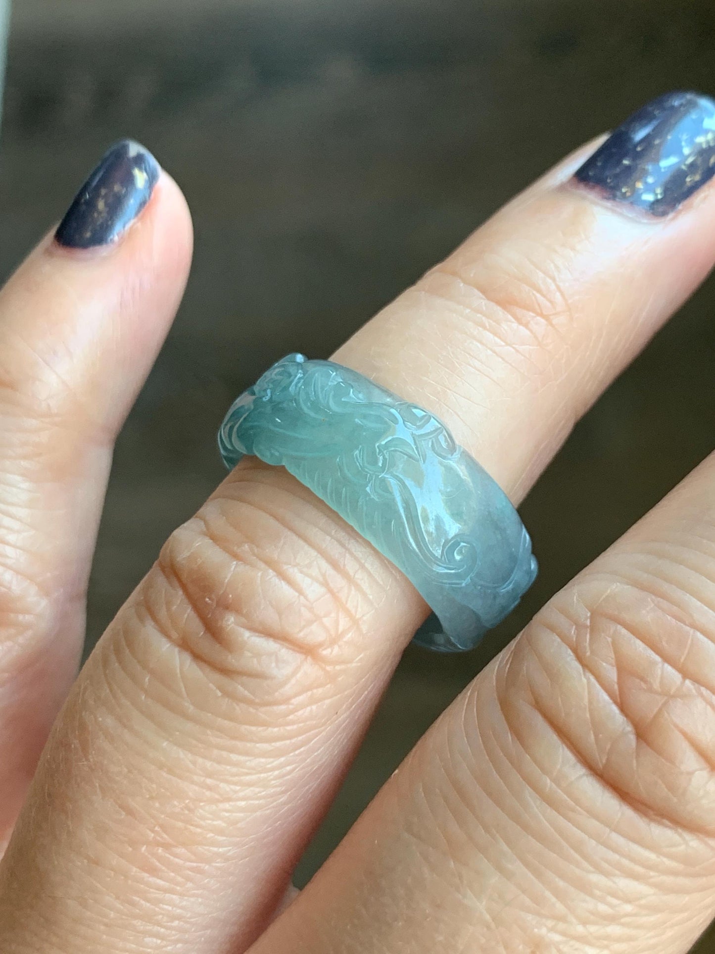 Natural Grade A Guatemalan Icy Highly Translucent Patel Blue Jade Jadeite Carved Phoenix Band Ring size 7.25 US 天然冰胶危淡蓝翡翠凤凰戒圈戒指 QLFH-L