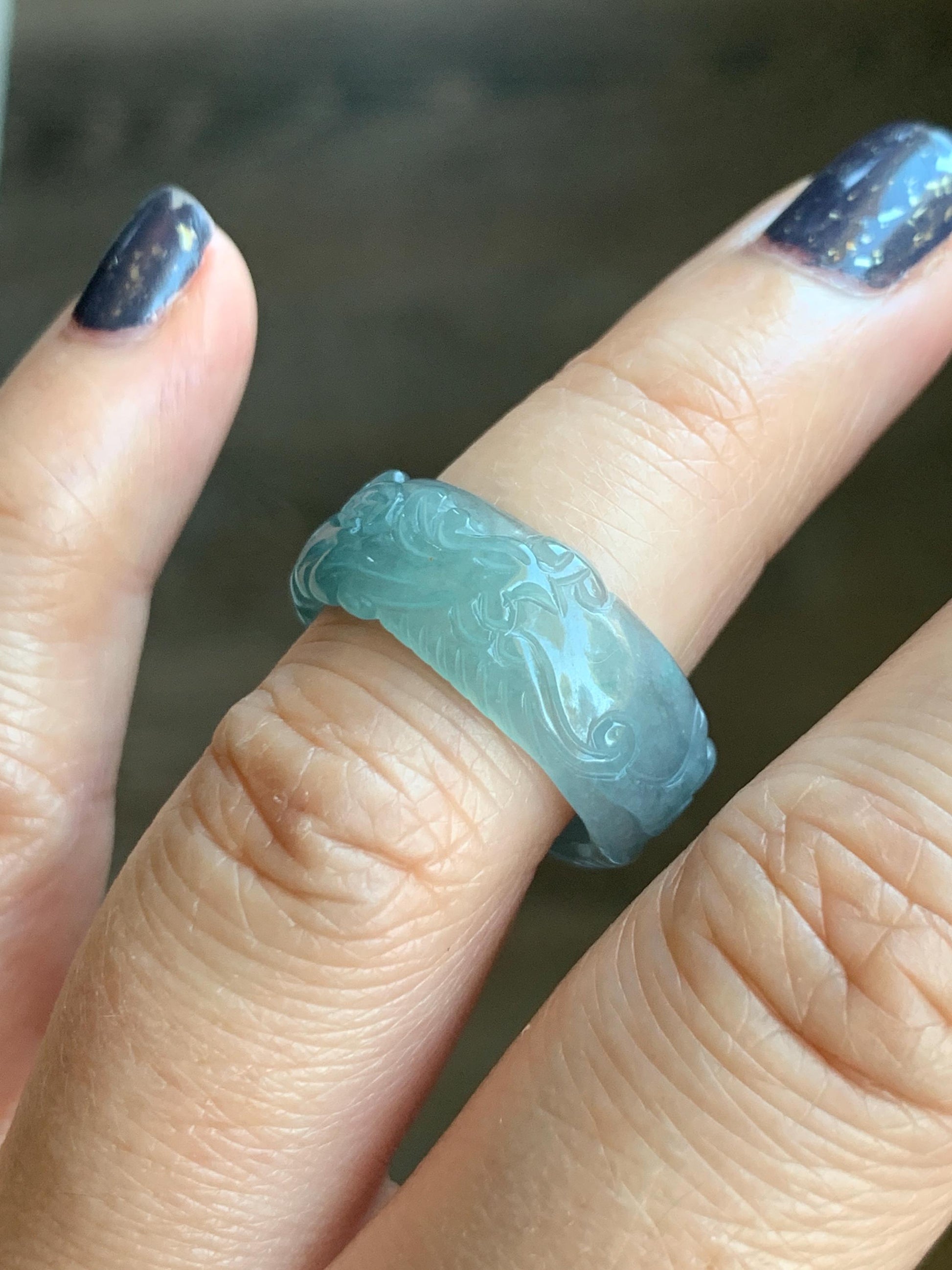 Natural Grade A Guatemalan Icy Highly Translucent Patel Blue Jade Jadeite Carved Phoenix Band Ring size 7.25 US 天然冰胶危淡蓝翡翠凤凰戒圈戒指 QLFH-L