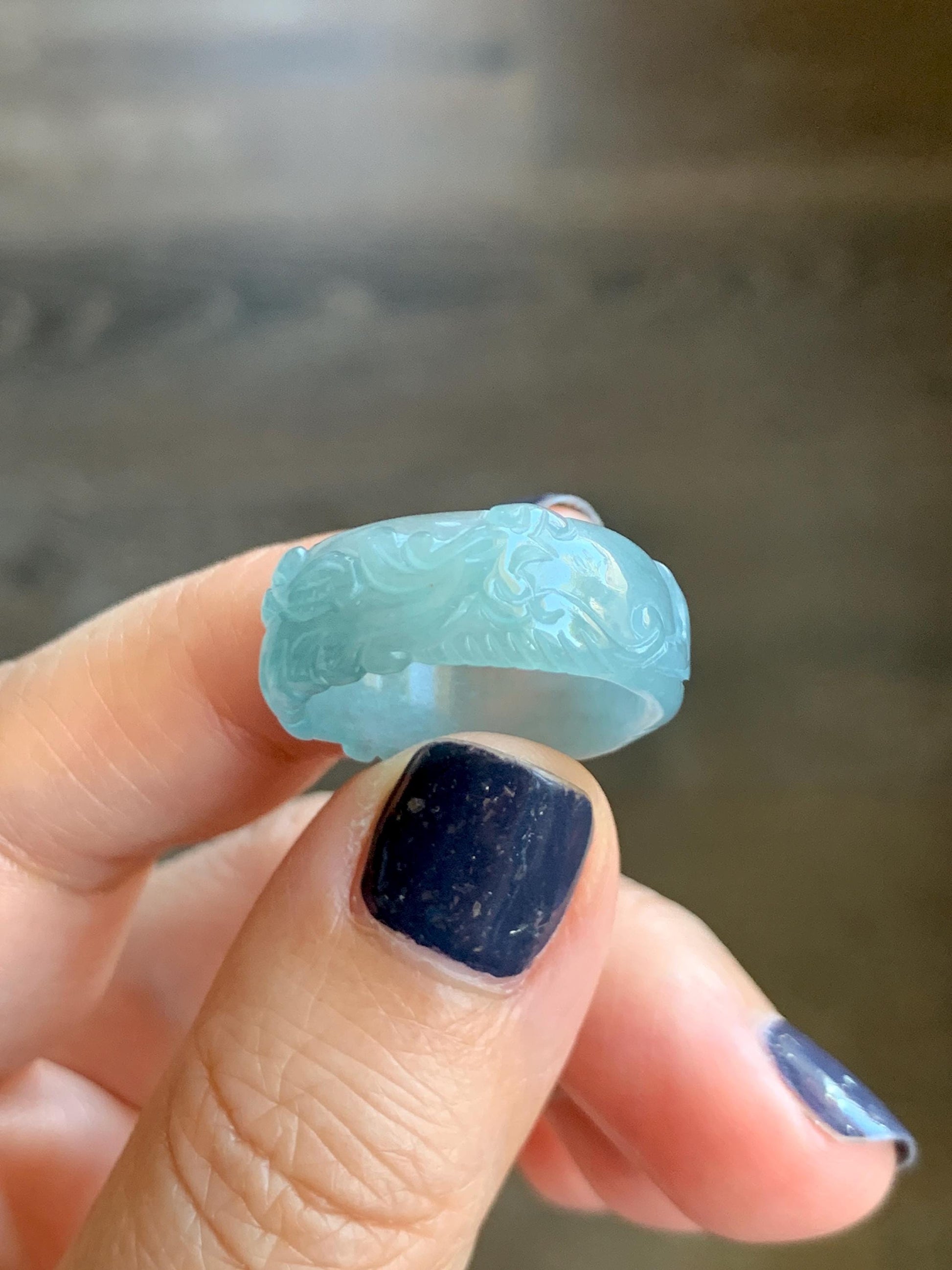 Natural Grade A Guatemalan Icy Highly Translucent Patel Blue Jade Jadeite Carved Phoenix Band Ring size 7.25 US 天然冰胶危淡蓝翡翠凤凰戒圈戒指 QLFH-L