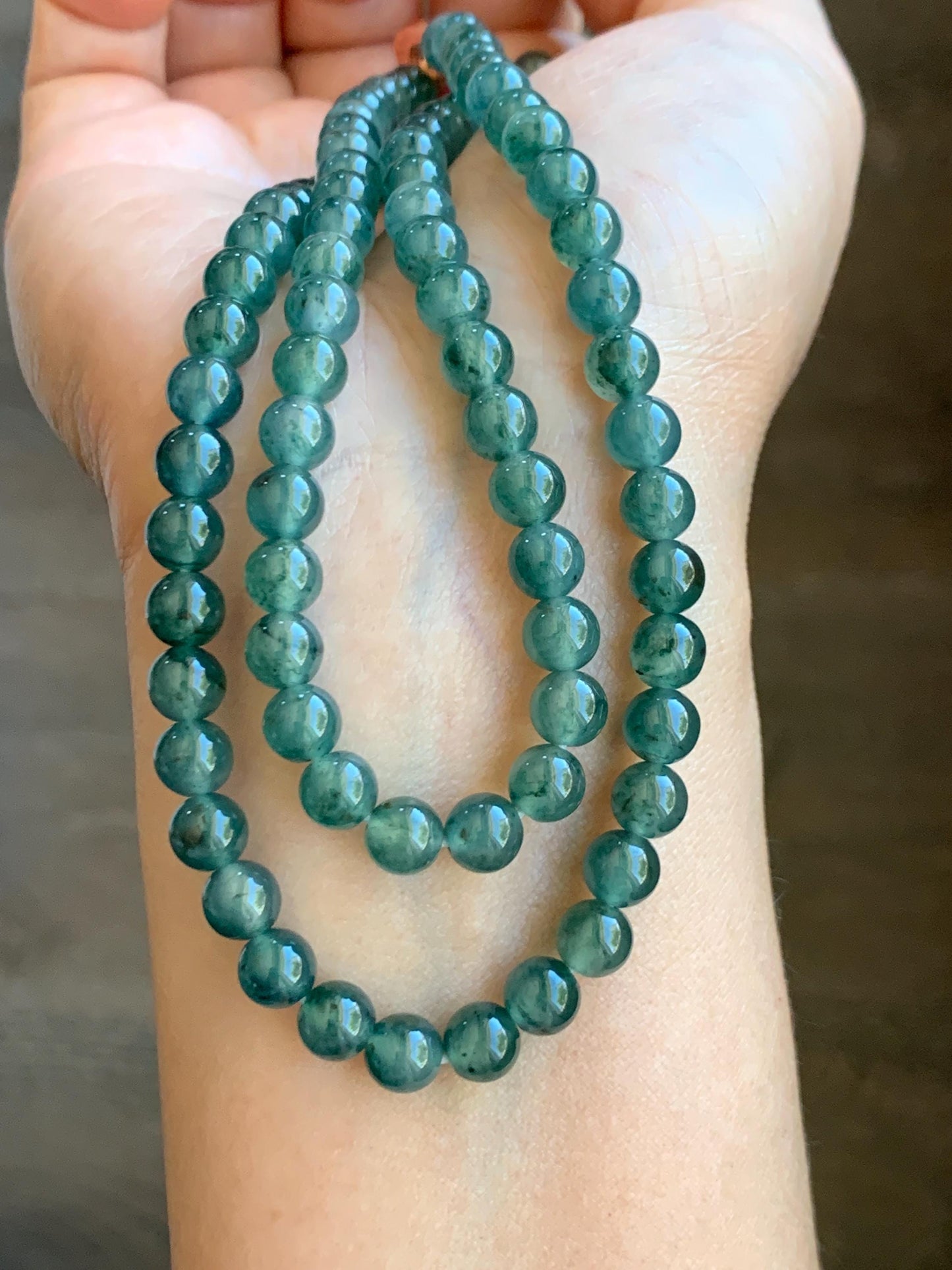 Certified Grade A Natural Guatemalan Icy Highly Translucent Teal Green Marbled Jade Jadeite Beaded Necklace 6.5mm 23.5” 天然高冰危蓝绿飘花翡翠圆珠项链 8752