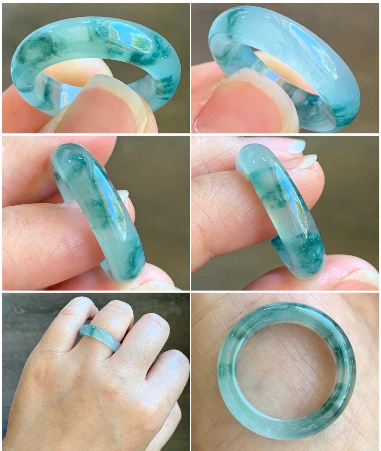 Certified Natural Grade A Premium Jade Jadeite Icy Highly Translucent Gelatinous Green Marbled Band Ring Size 7.75 US 天然冰起光飘花翡翠戒圈 8748