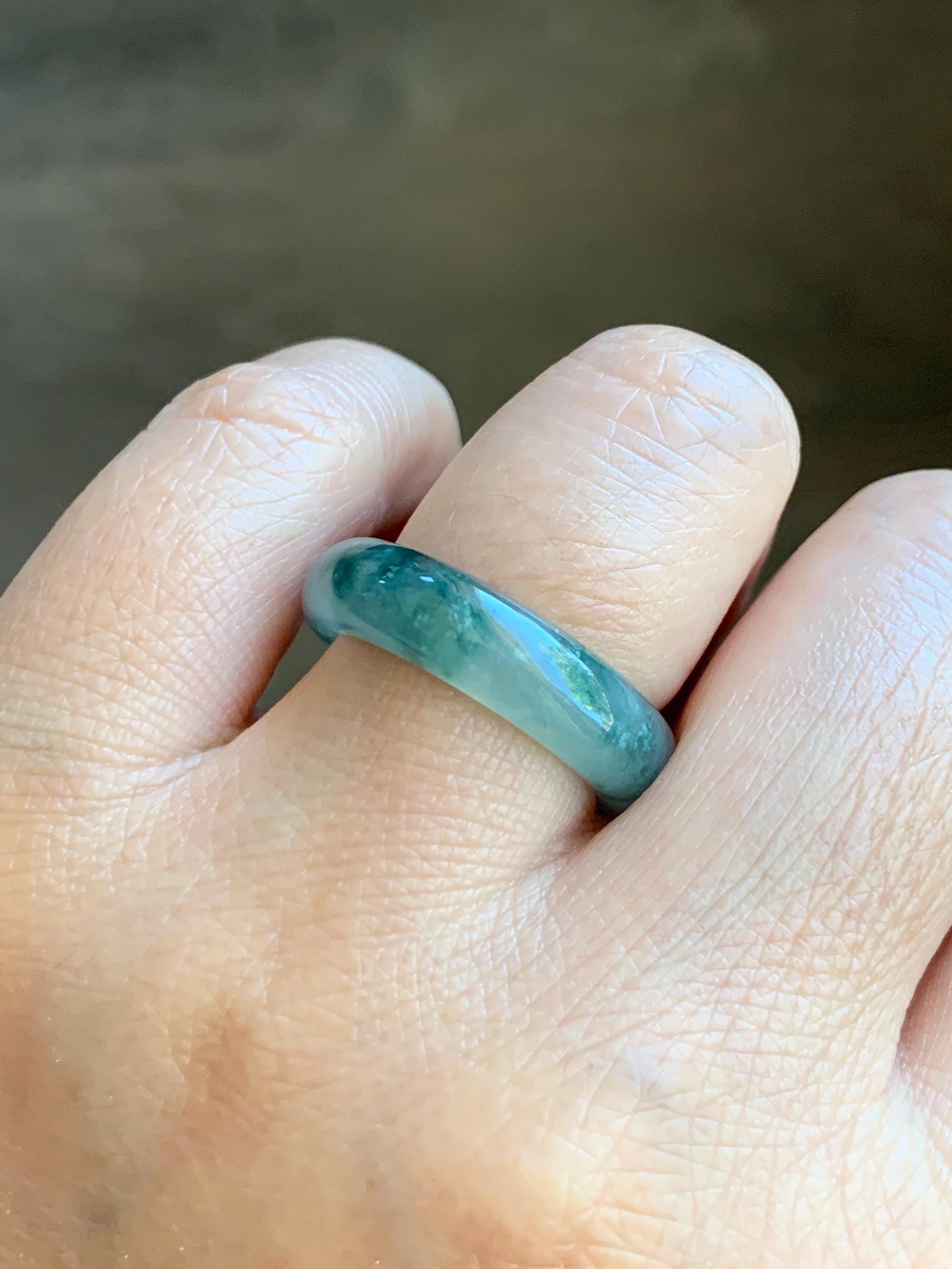 Certified Natural Grade A Premium Jade Jadeite Icy Highly Translucent Gelatinous Green Marbled Band Ring Size 7.75 US 天然冰起光飘花翡翠戒圈 8748