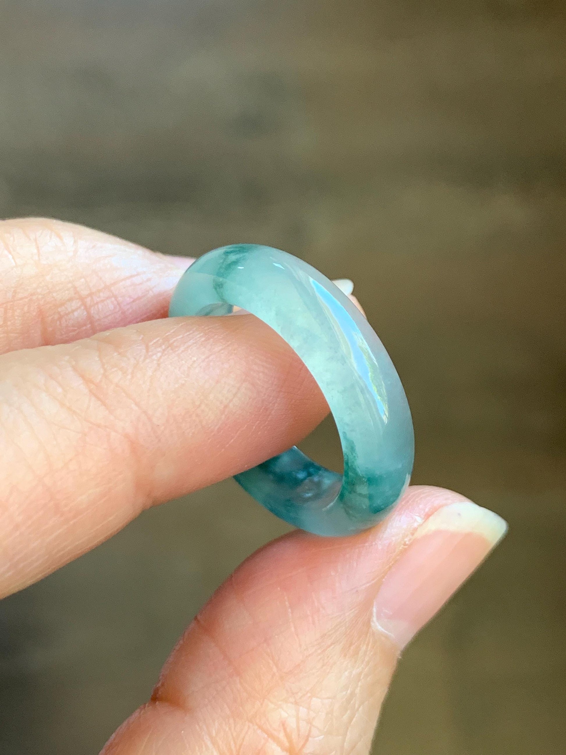 Certified Natural Grade A Premium Jade Jadeite Icy Highly Translucent Gelatinous Green Marbled Band Ring Size 7.75 US 天然冰起光飘花翡翠戒圈 8748
