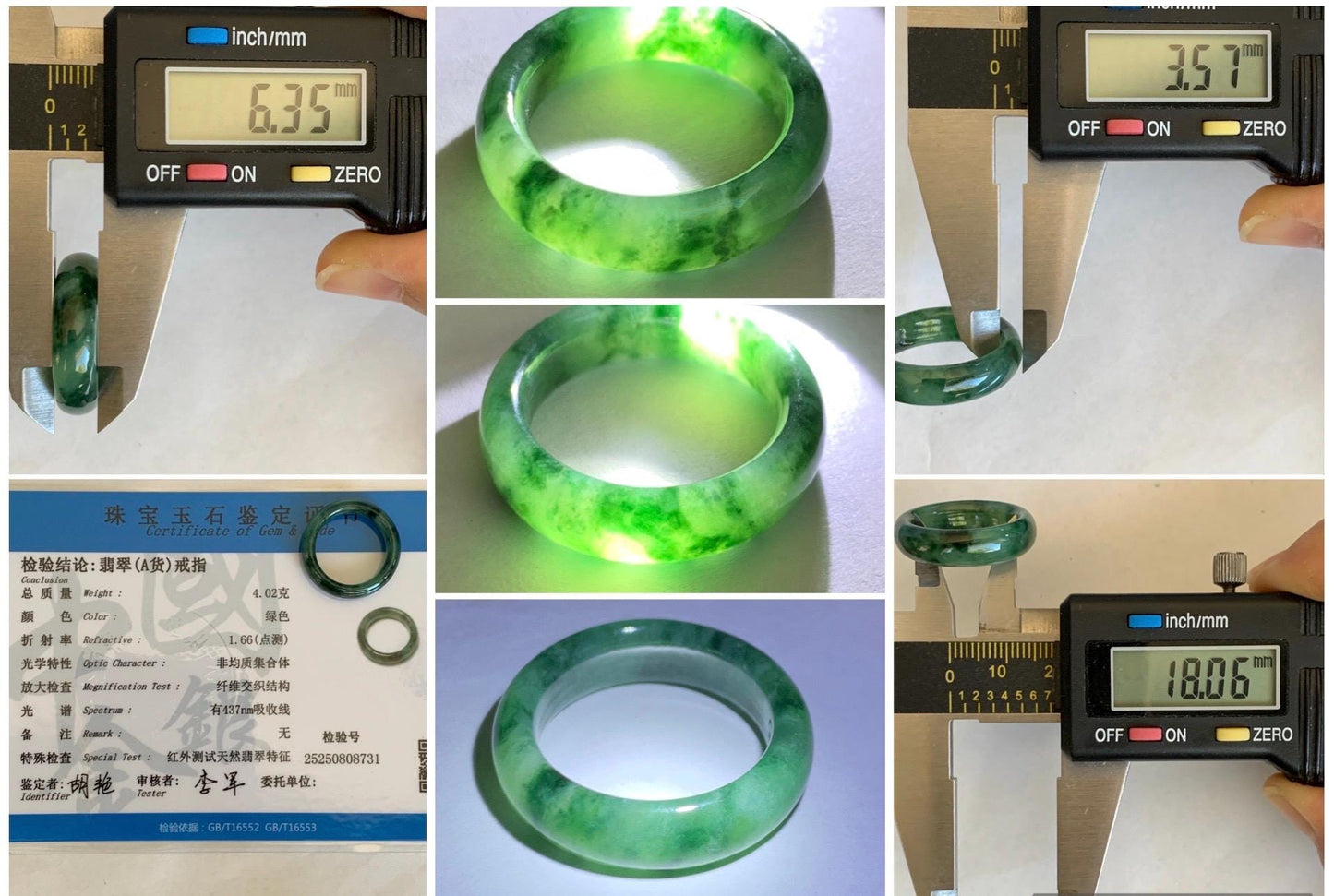 Certified Natural Grade A Icy Translucent Gelatinous Dark Green Marbled Jade Jadeite Band Ring Size 7.75 US 4g 天然冰胶绿飘花翡翠戒圈 8731
