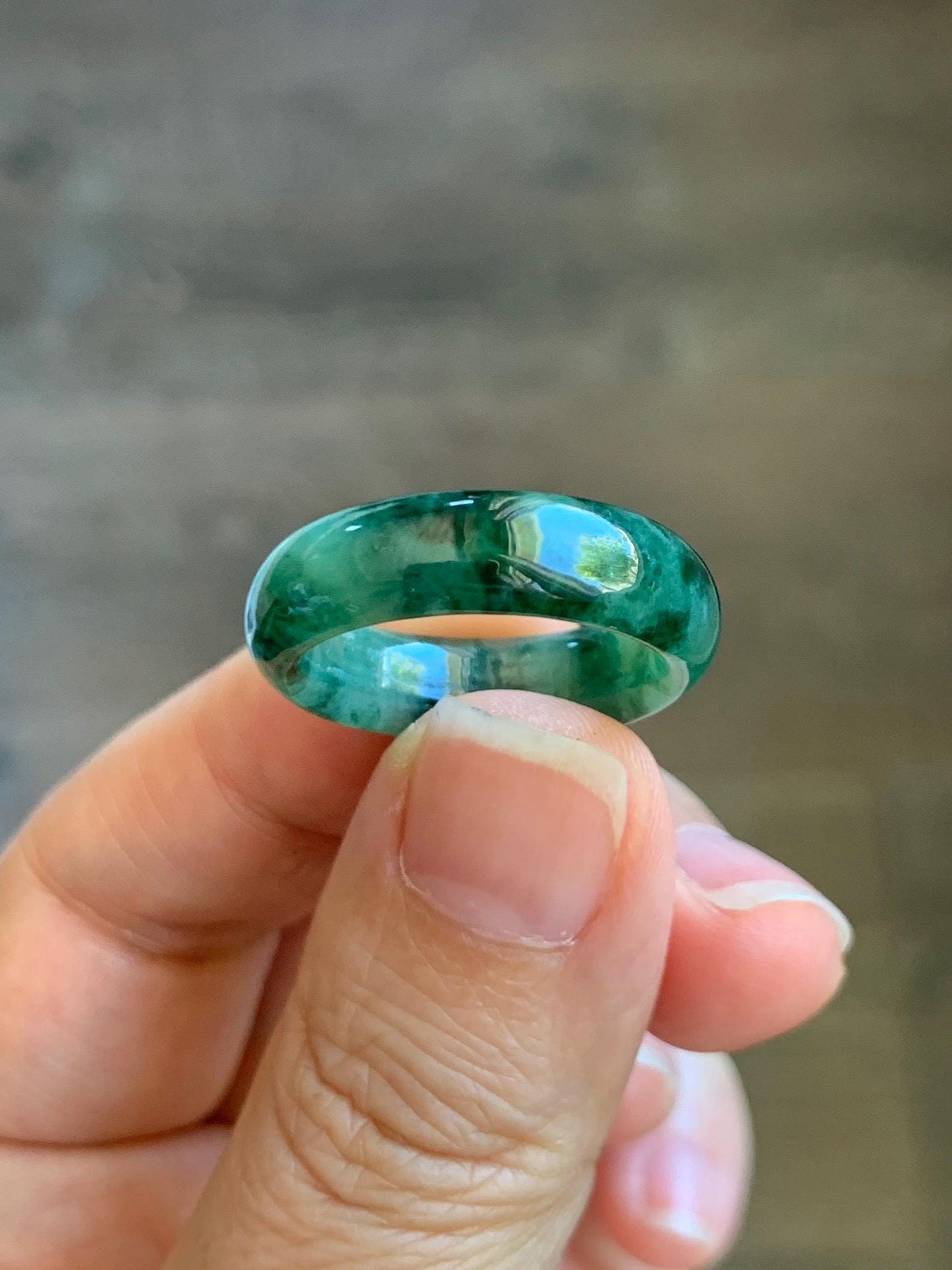 Certified Natural Grade A Icy Translucent Gelatinous Dark Green Marbled Jade Jadeite Band Ring Size 7.75 US 4g 天然冰胶绿飘花翡翠戒圈 8731