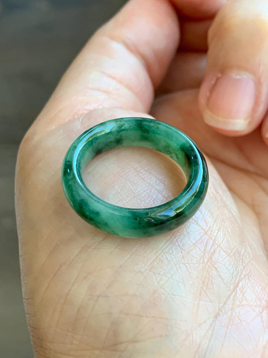 Certified Natural Grade A Icy Translucent Gelatinous Dark Green Marbled Jade Jadeite Band Ring Size 7.75 US 4g 天然冰胶绿飘花翡翠戒圈 8731