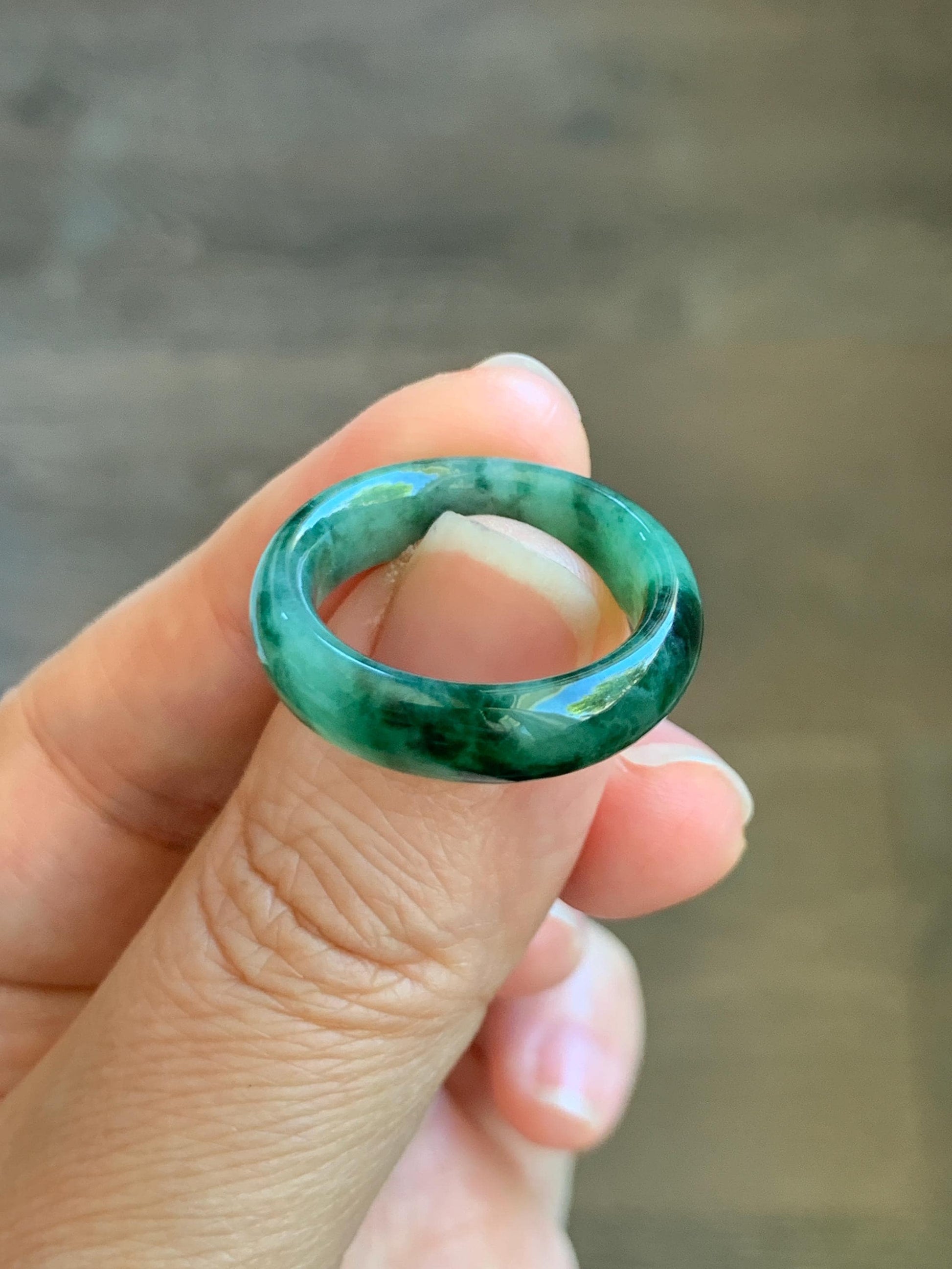 Certified Natural Grade A Icy Translucent Gelatinous Dark Green Marbled Jade Jadeite Band Ring Size 7.75 US 4g 天然冰胶绿飘花翡翠戒圈 8731