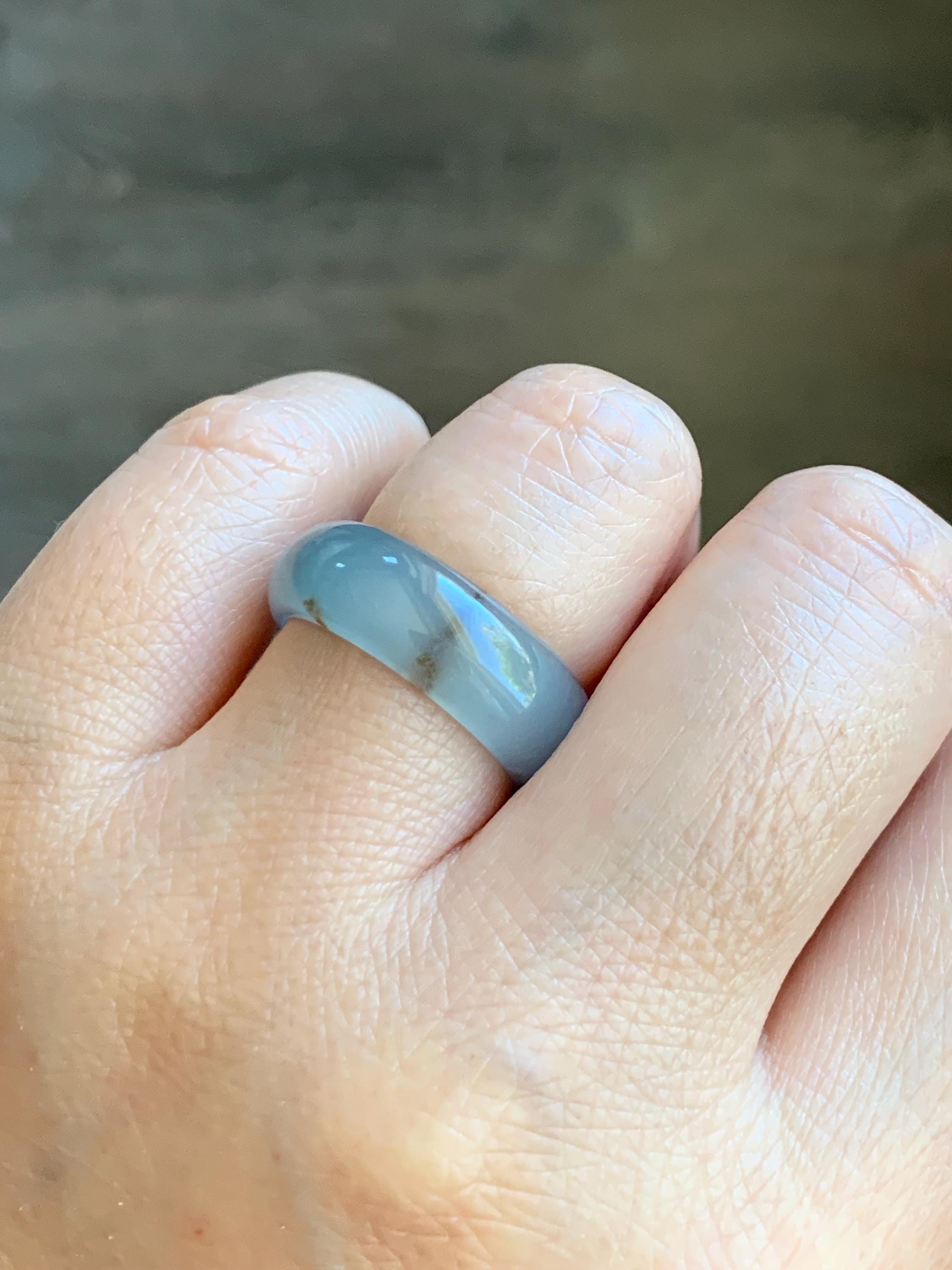 Certified Natural Grade A Guatemalan Icy Translucent Gelatinous Dusty Blur Jade Jadeite Band Ring Size 8 US 4.24g 天然冰胶危淡蓝撒金翡翠戒圈 8746