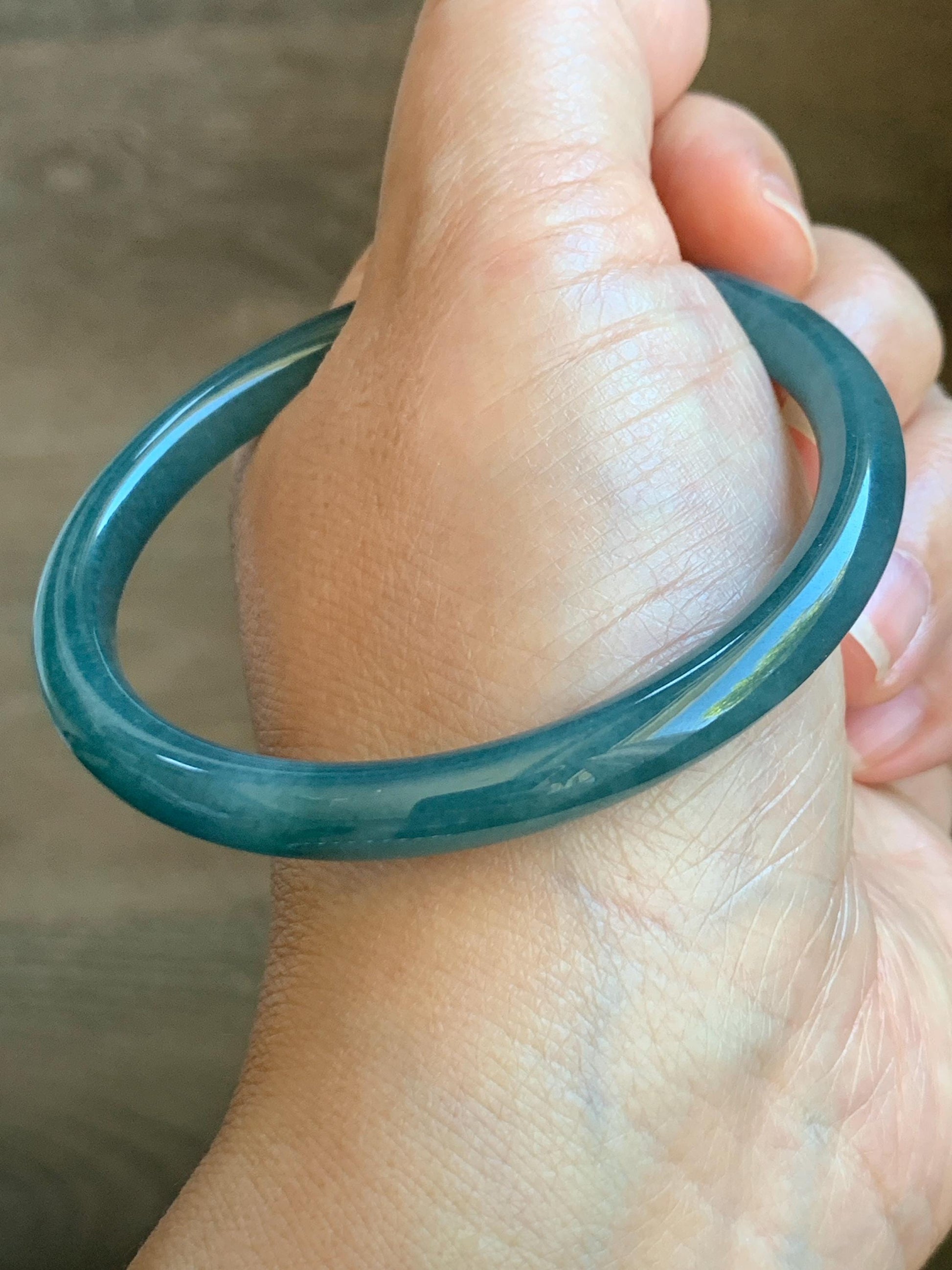 Certified Natural Grade A Guatemalan Icy Translucent Dark Aegean Blue Jade Jadeite Slim Bangle 56.1mm 6.9” 22.4g 天然冰胶危深蓝翡翠细圆条手镯 8767