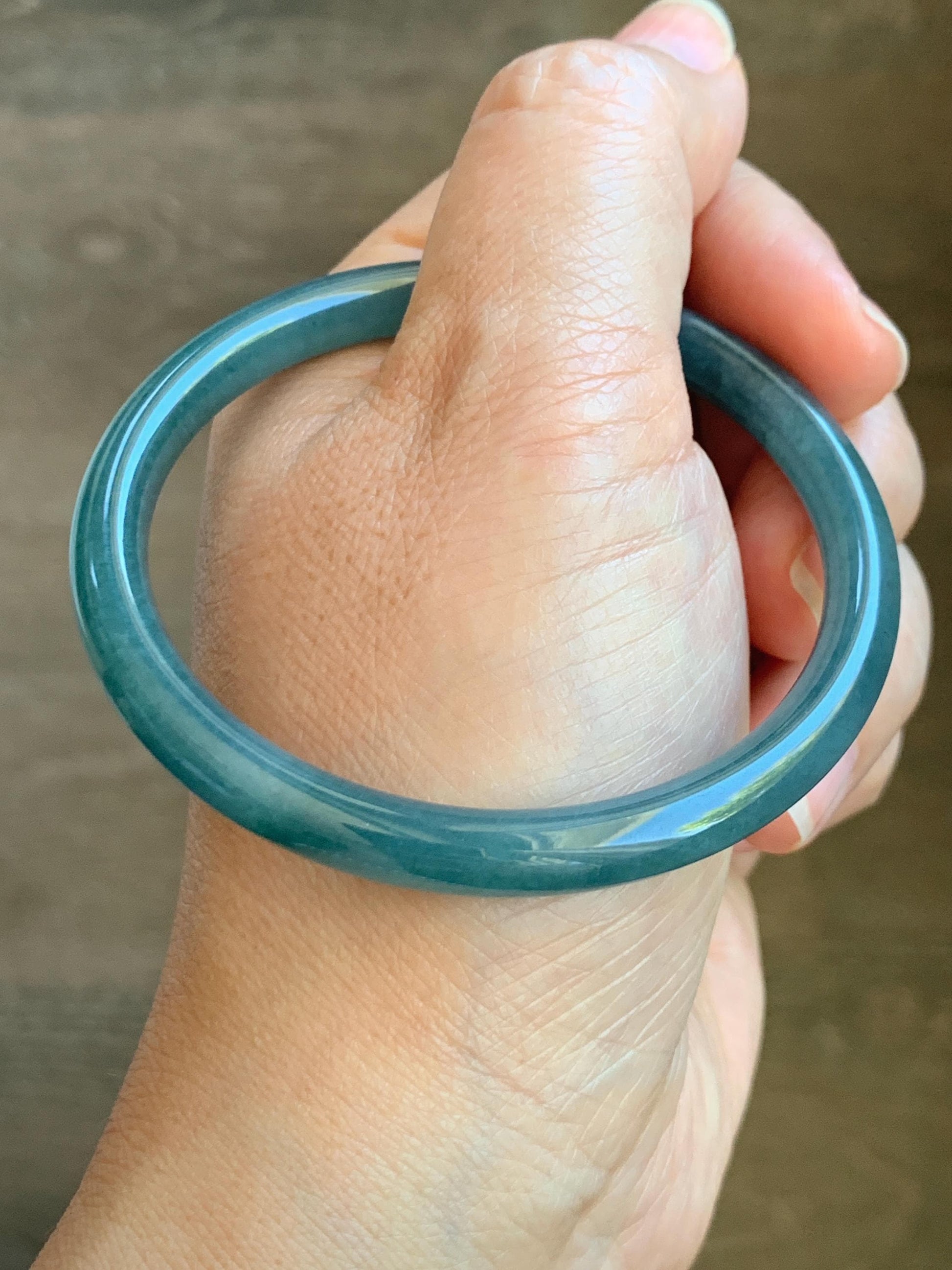 Certified Natural Grade A Guatemalan Icy Translucent Dark Aegean Blue Jade Jadeite Slim Bangle 56.1mm 6.9” 22.4g 天然冰胶危深蓝翡翠细圆条手镯 8767