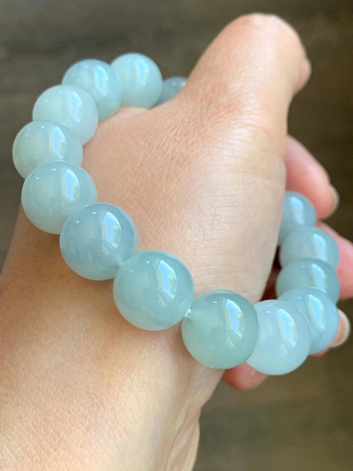 Certified Natural Grade A Icy Translucent Gelatinous Light Green Jade Jadeite Large Beads Beaded Bracelet 13mm 7.5" 58g 天然冰胶晴底翡翠大卡圆珠手串 9403