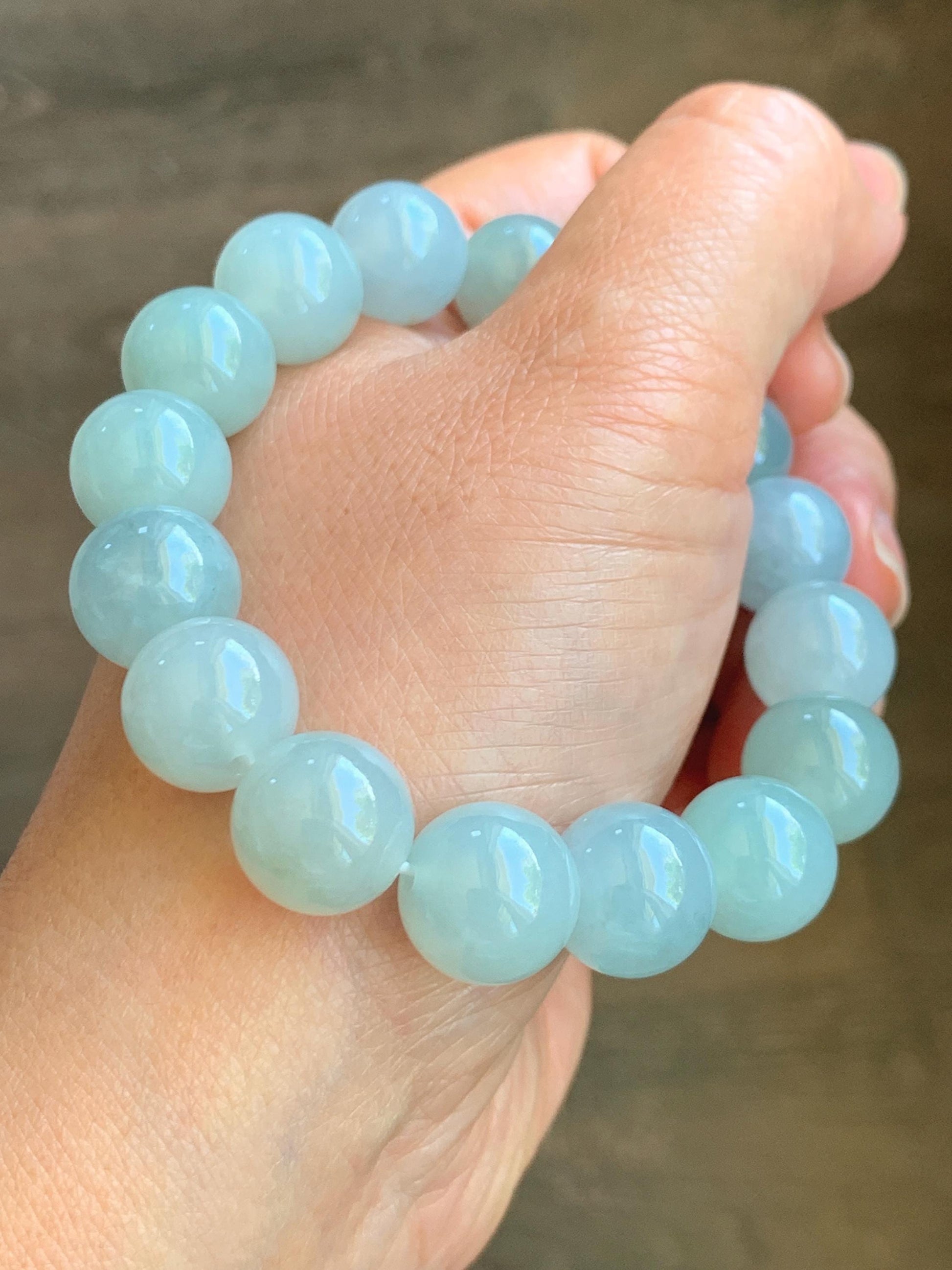 Certified Natural Grade A Icy Translucent Gelatinous Light Green Jade Jadeite Large Beads Beaded Bracelet 13mm 7.5" 58g 天然冰胶晴底翡翠大卡圆珠手串 9403