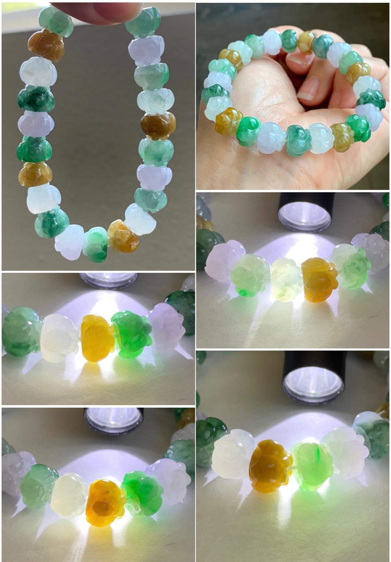 Premium Natural Grade A Icy Translucent Gelatinous Multicolored Jade Jadeite Lotus Flower Beads Beaded Bracelet 7” 36g 天然冰胶多宝翡翠莲花珠手串 MYL980
