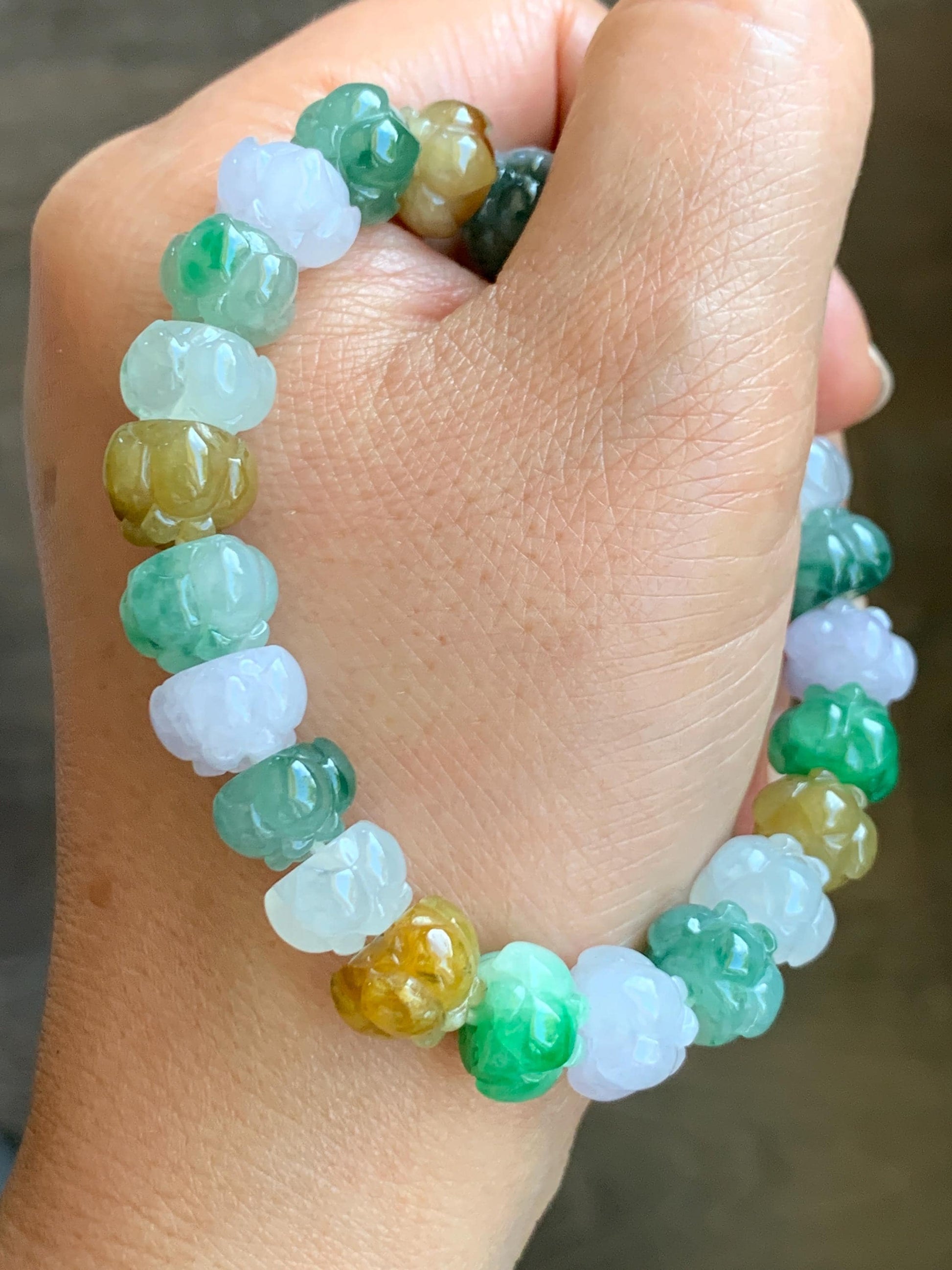 Premium Natural Grade A Icy Translucent Gelatinous Multicolored Jade Jadeite Lotus Flower Beads Beaded Bracelet 7” 36g 天然冰胶多宝翡翠莲花珠手串 MYL980