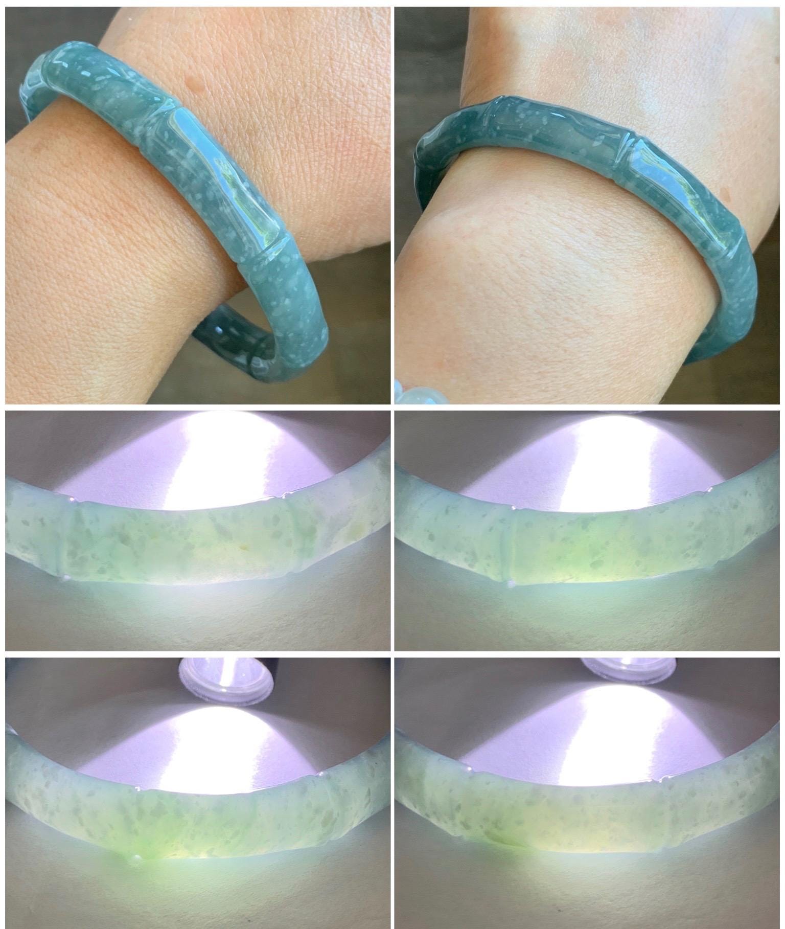 Certified Natural Grade A Guatemalan Icy Translucent Dusty Teal Blue Jade Jadeite Carved Bamboo Bangle 61.89mm 7.65” 37.7g 天然危篮翡翠竹节手镯 8805