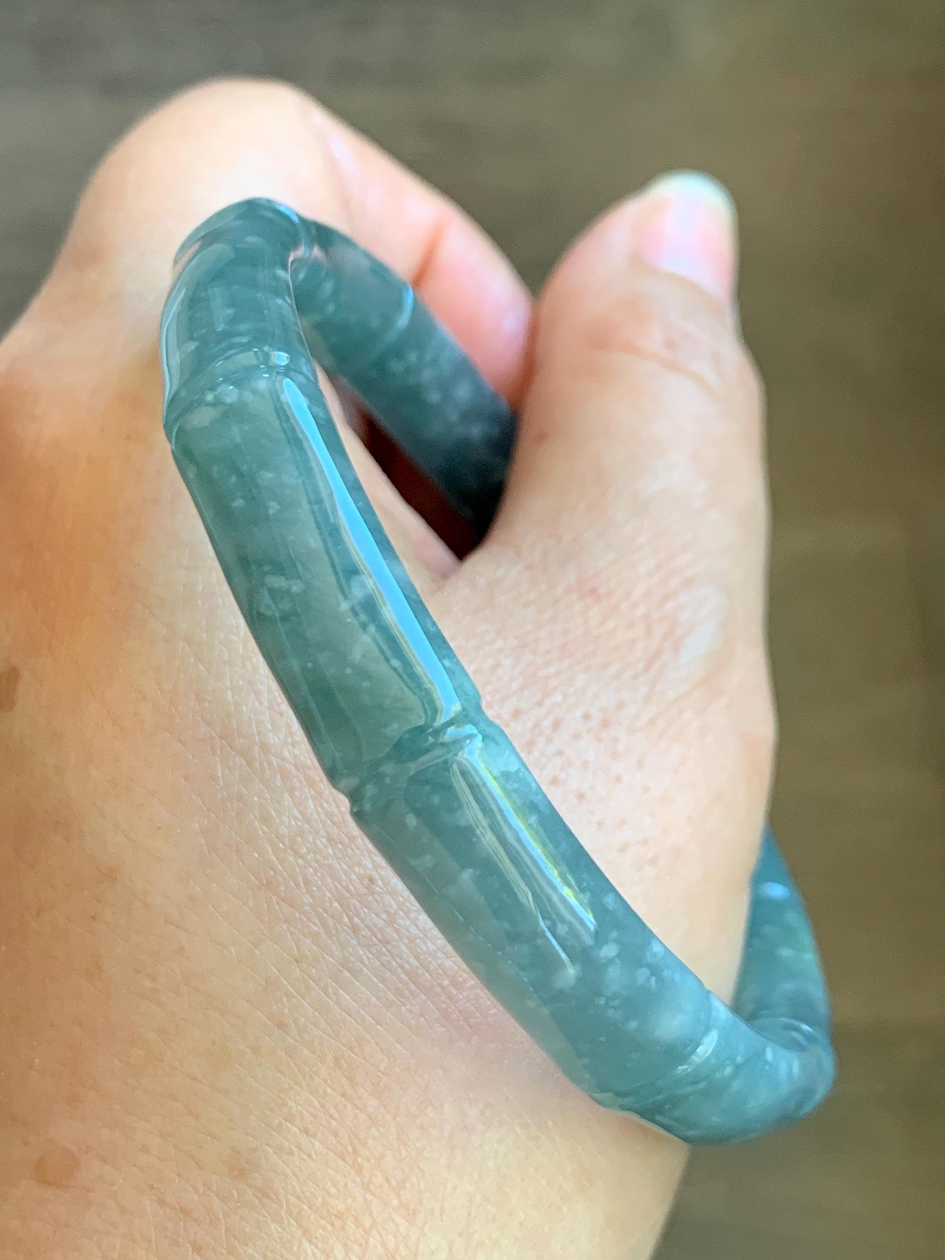 Certified Natural Grade A Guatemalan Icy Translucent Dusty Teal Blue Jade Jadeite Carved Bamboo Bangle 61.89mm 7.65” 37.7g 天然危篮翡翠竹节手镯 8805