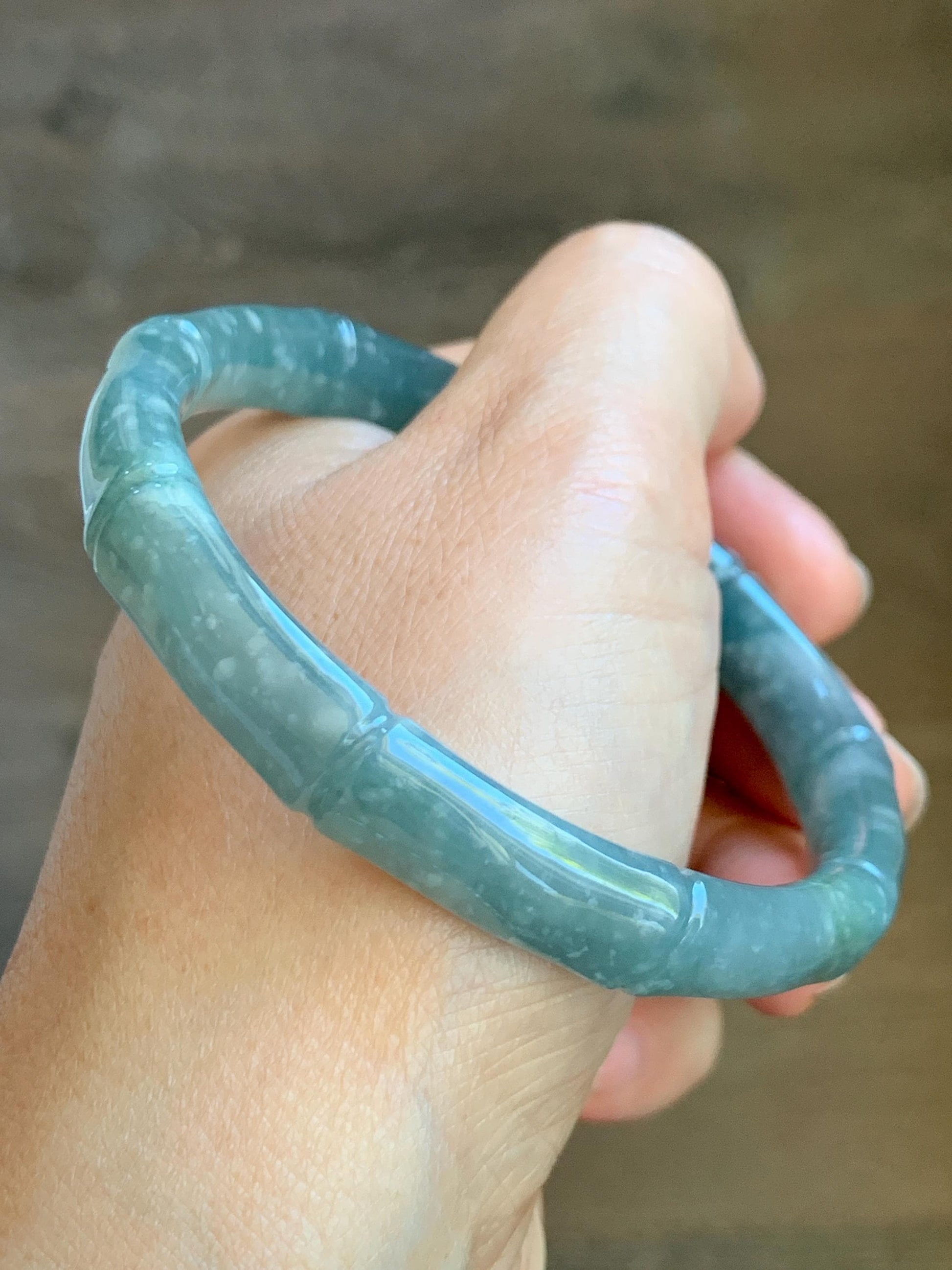 Certified Natural Grade A Guatemalan Icy Translucent Dusty Teal Blue Jade Jadeite Carved Bamboo Bangle 61.89mm 7.65” 37.7g 天然危篮翡翠竹节手镯 8805