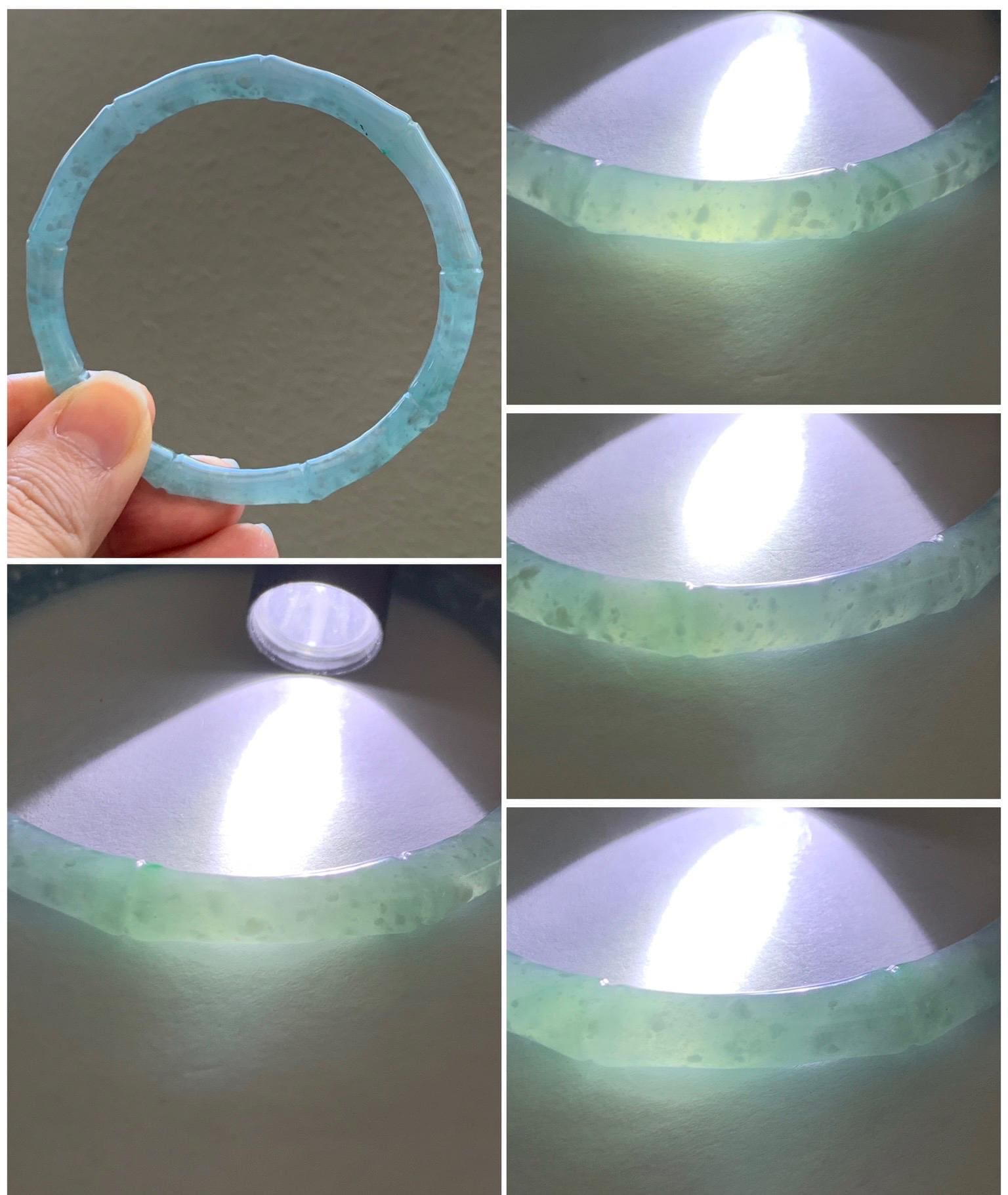 Certified Natural Grade A Guatemalan Icy Translucent Light Teal Blue Jade Jadeite Carved Bamboo Bangle 62.1mm 7.68” 21g 天然危浅篮翡翠竹节手镯 8754