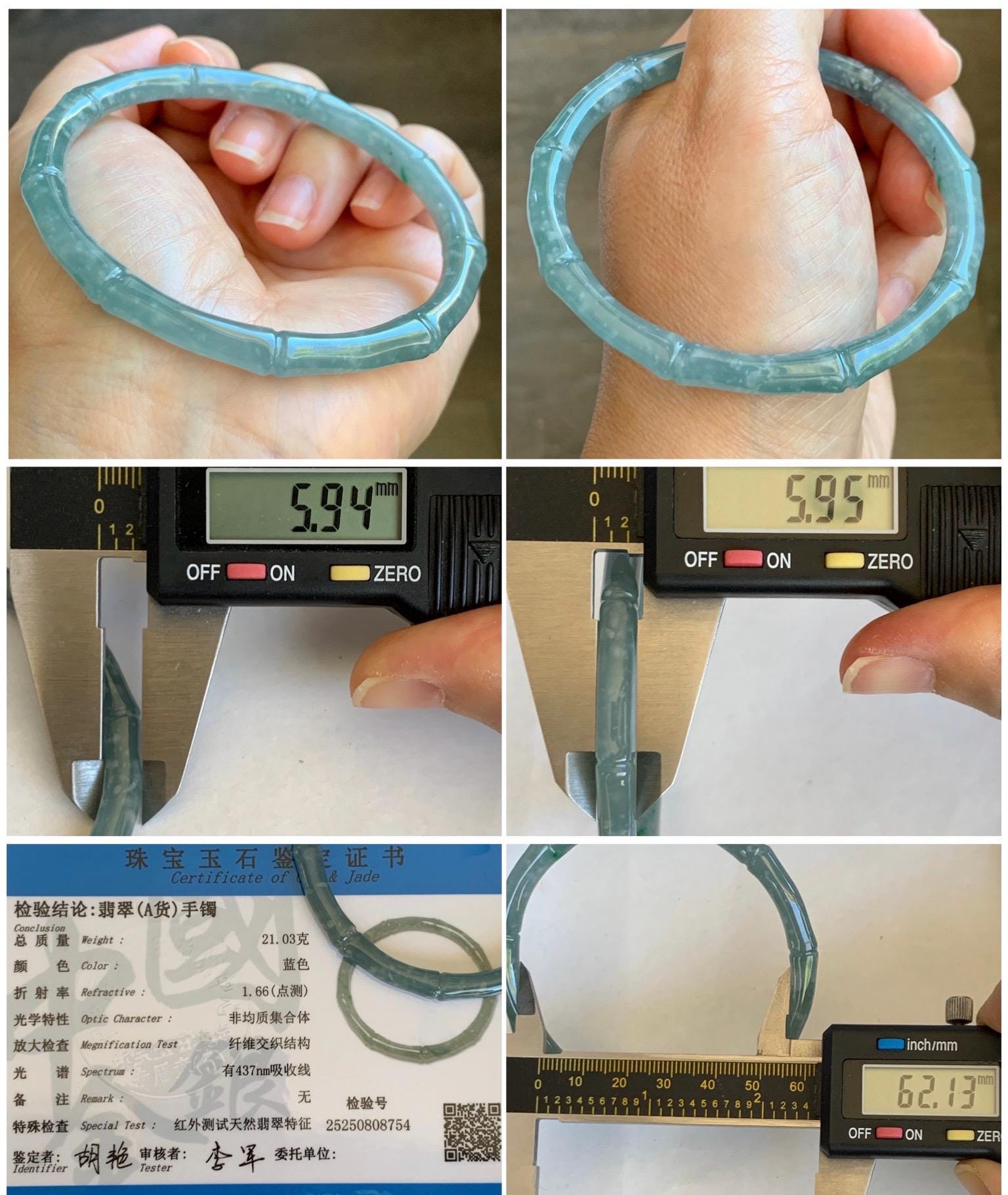 Certified Natural Grade A Guatemalan Icy Translucent Light Teal Blue Jade Jadeite Carved Bamboo Bangle 62.1mm 7.68” 21g 天然危浅篮翡翠竹节手镯 8754